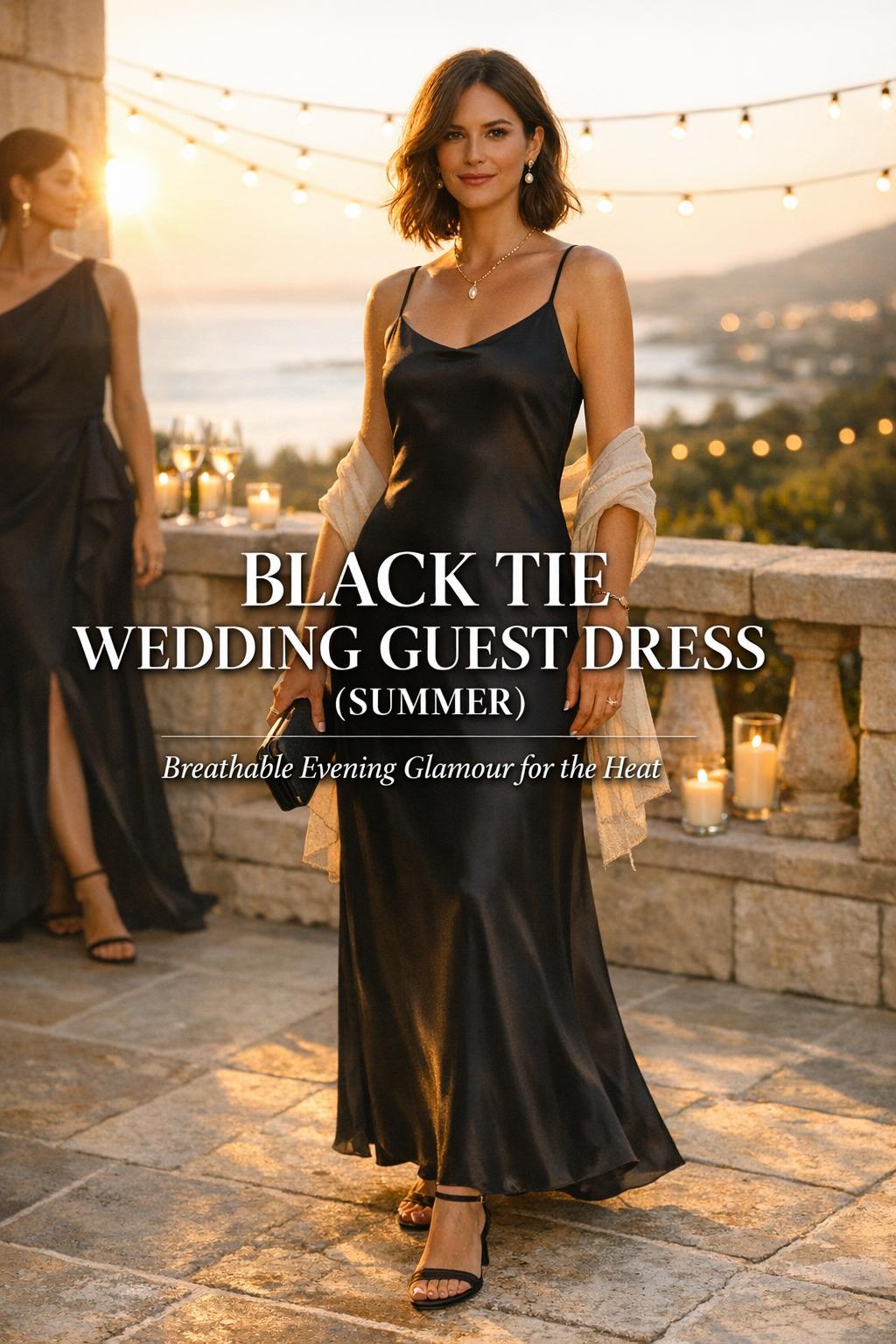 Woman in black tie wedding guest dress summer on a coastal terrace at golden hour with candlelit bokeh lights