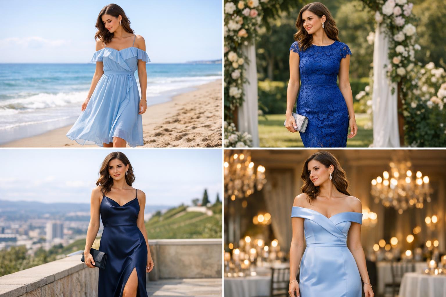 Blue wedding guest dress in satin midi style for a formal wedding reception