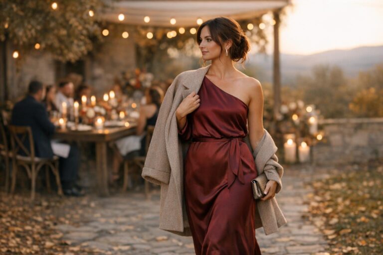 Autumn wedding guest dress in burgundy velvet with long sleeves, styled for a fall ceremony and cool evening reception