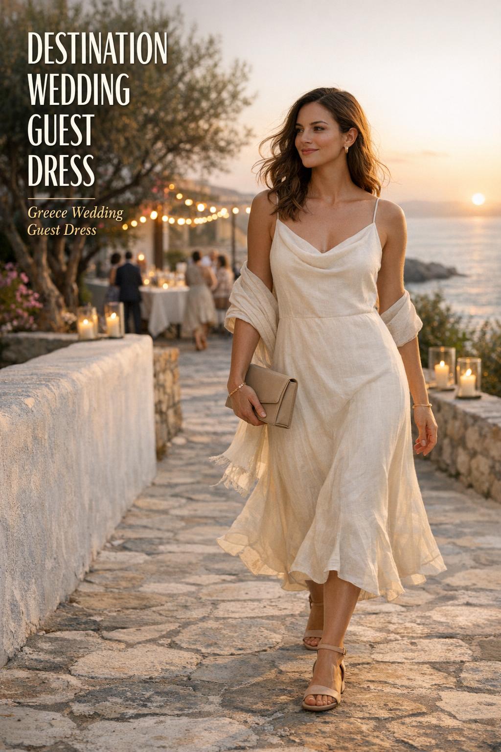 Destination wedding guest dress on stylish woman walking a Greek terrace at golden hour with Aegean Sea and candlelit reception