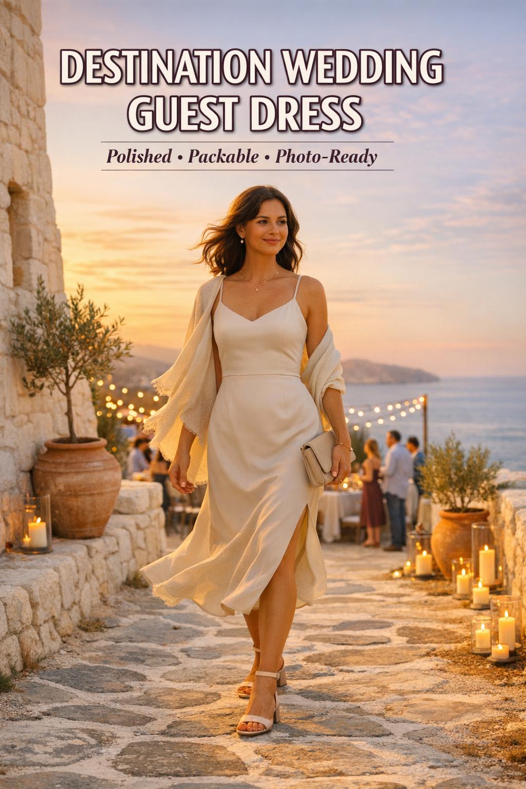Destination wedding guest dress on a Greek island terrace at golden hour, stylish guest walking toward a candlelit reception