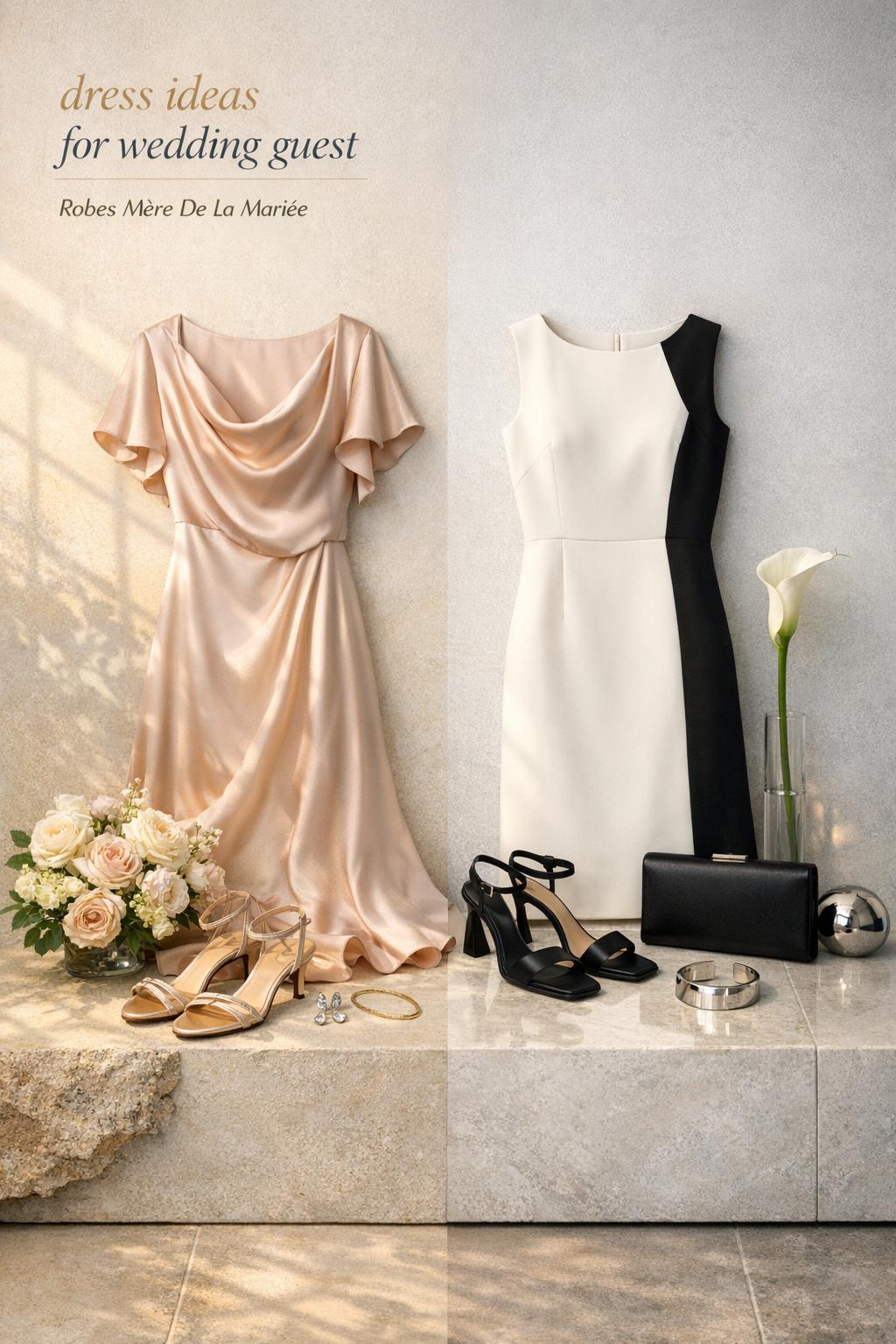 Dress ideas for wedding guest in minimalist studio flat lay with blush satin and ivory black outfits on stone plinth