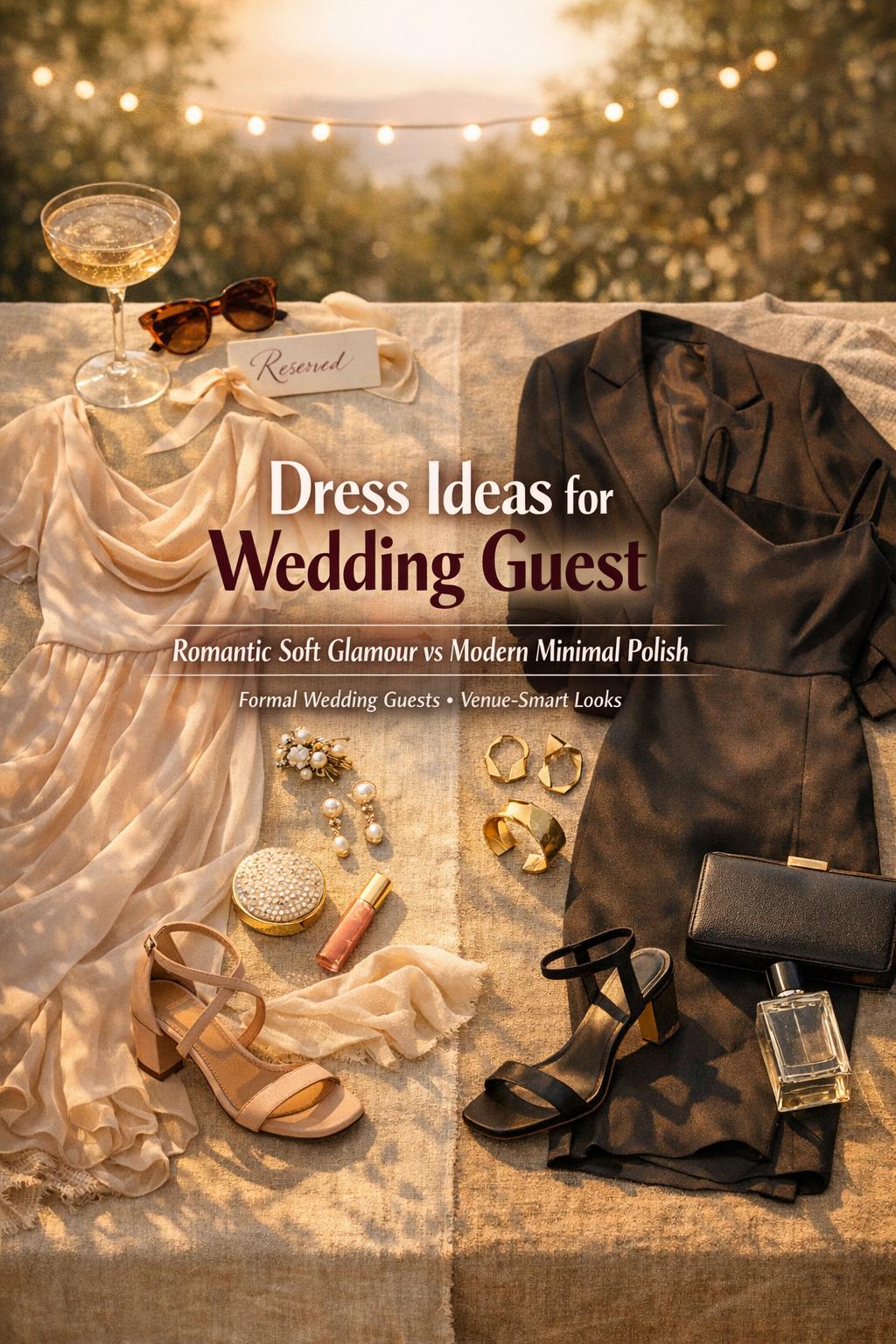 Dress ideas for wedding guest flat lay with romantic blush satin and modern navy looks in warm golden-hour light