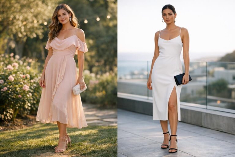 Dress ideas for wedding guest: romantic chiffon midi and sleek satin slip dress styled for spring weddings