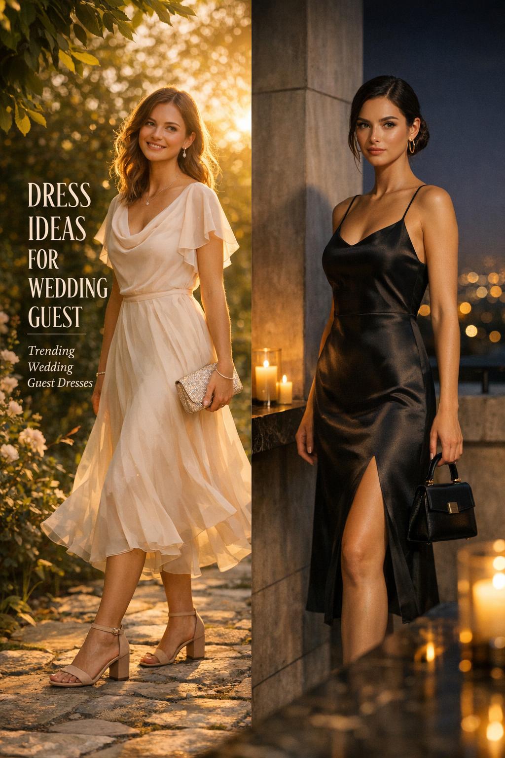 Dress ideas for wedding guest cover featuring two women in romantic garden and modern rooftop wedding guest dresses