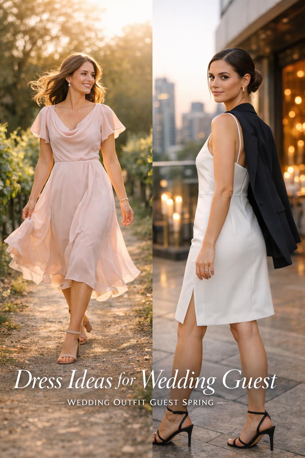 Split-scene photo of two wedding guest outfits in garden and rooftop setting, showcasing dress ideas for wedding guest