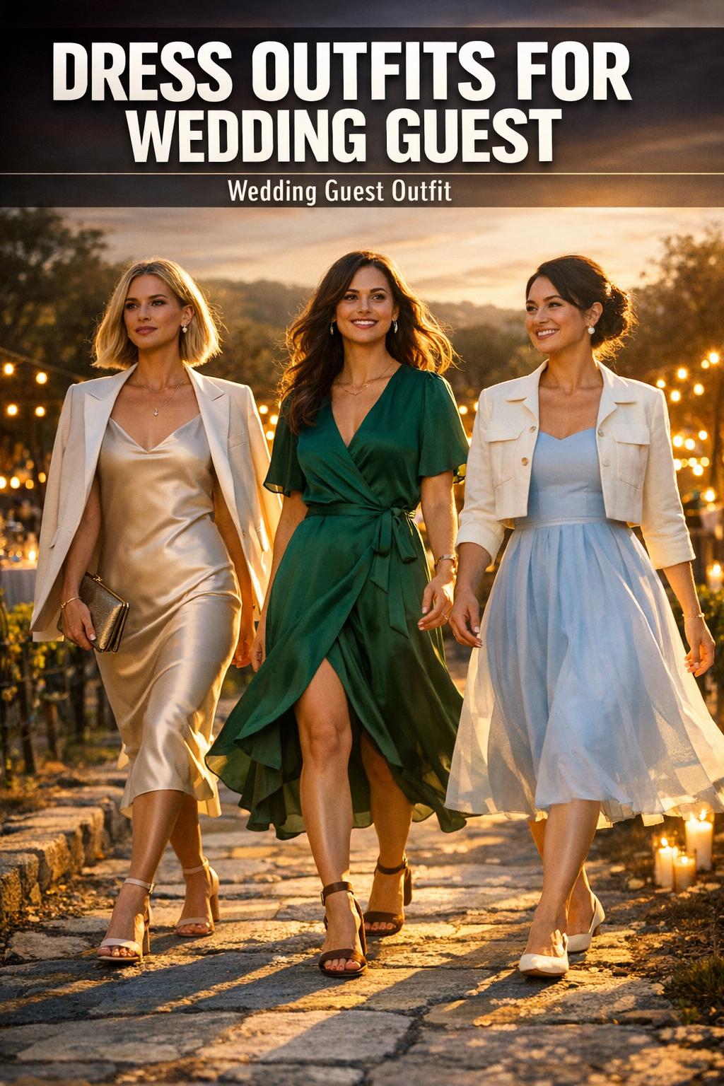 Elegant dress outfits for wedding guest in a bright outdoor venue, featuring a chic formal look.