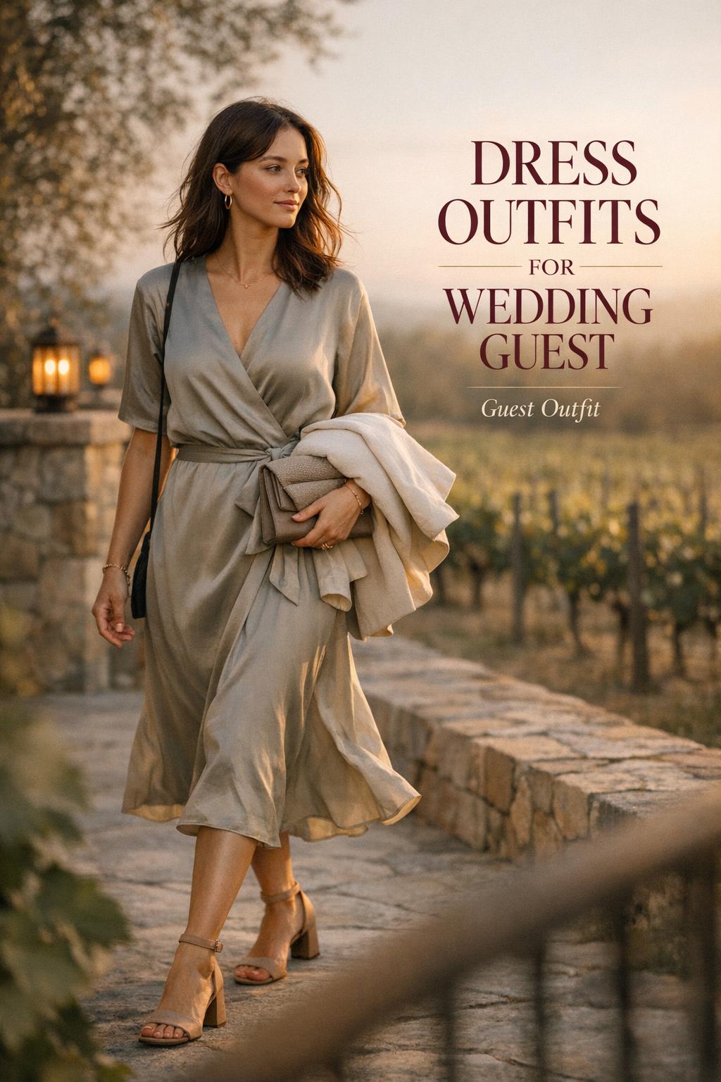 Dress outfits for wedding guest in sage wrap midi dress walking on a golden-hour vineyard terrace with editorial text overlay