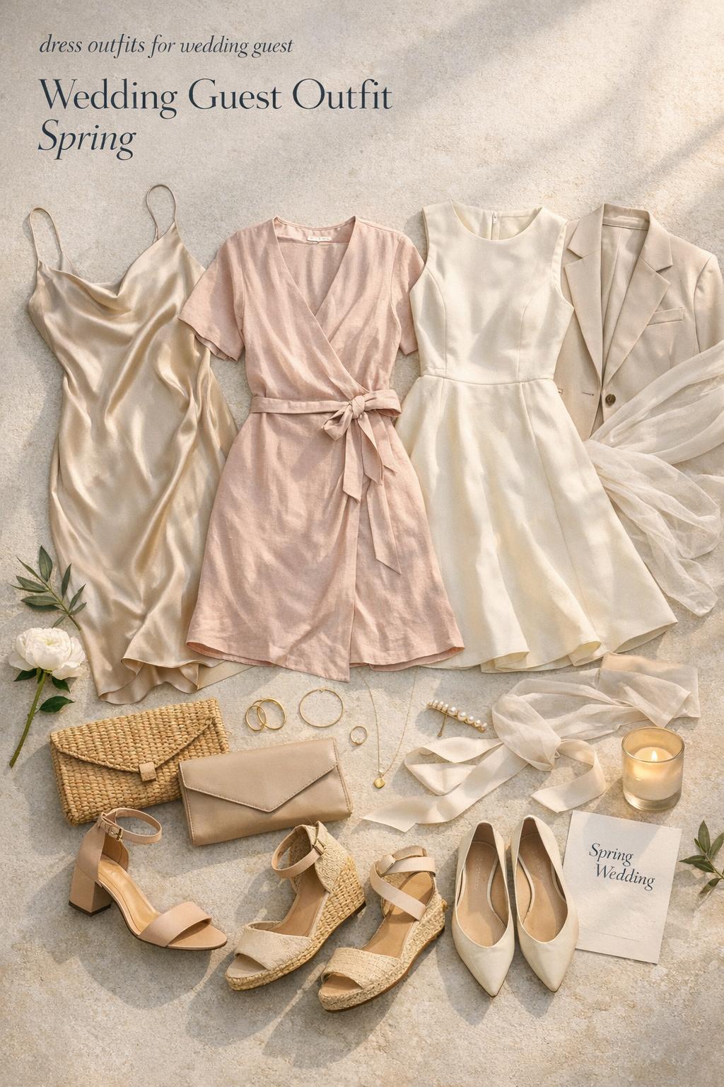 Dress outfits for wedding guest flat lay with spring wedding guest dresses, neutral accessories, and invitation on stone surface