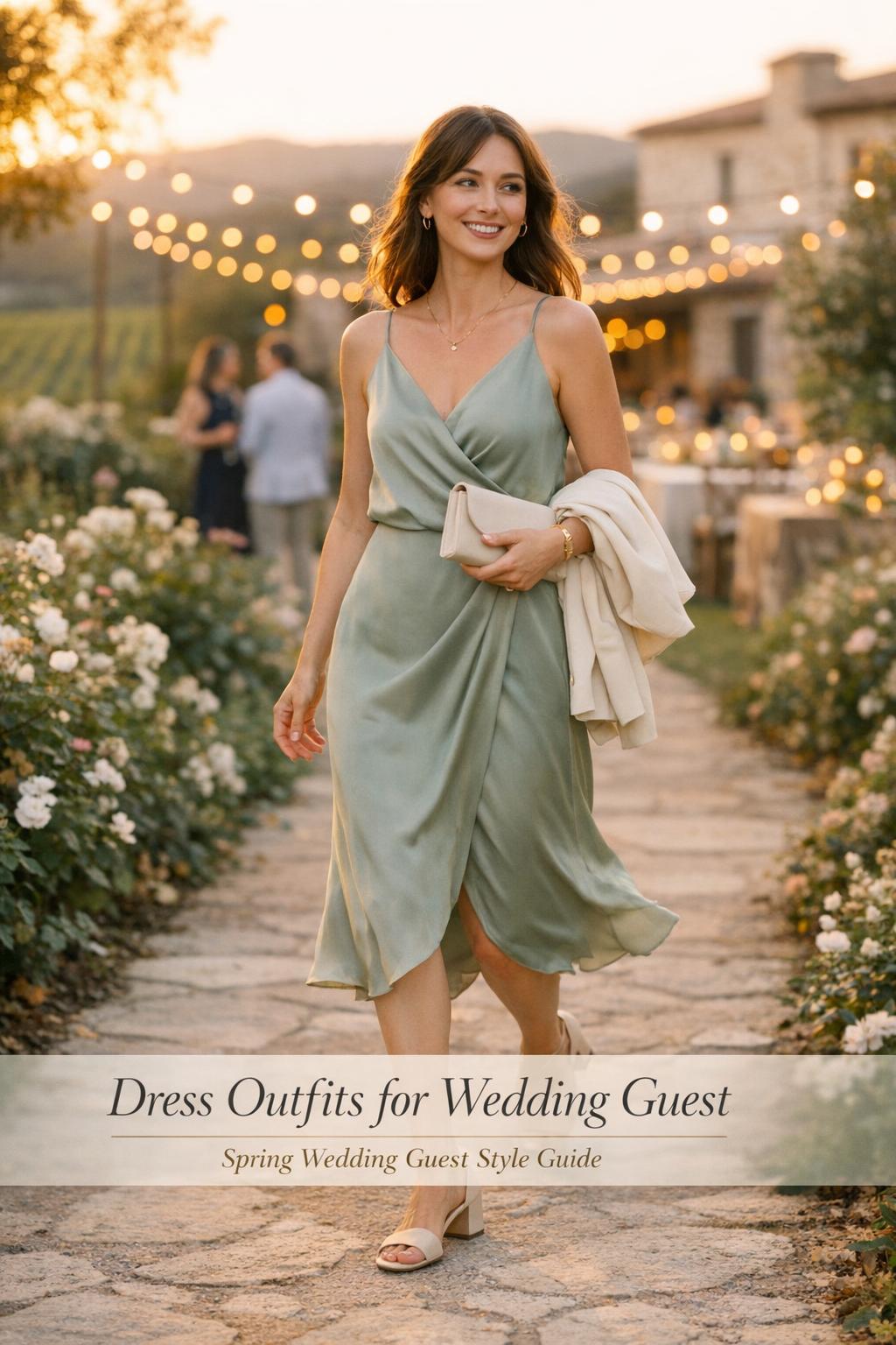 Dress outfits for wedding guest: stylish woman in midi dress walking a spring wedding venue path at golden hour