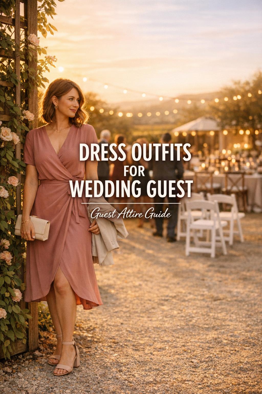Dress outfits for wedding guest in a warm golden-hour vineyard garden, woman in sage wrap dress holding clutch near trellis