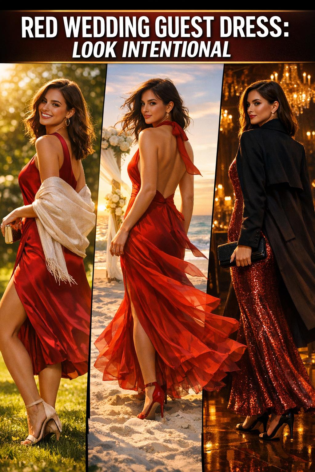 Elegant red wedding guest dress in a bright, natural-light photo, perfect for formal celebrations.