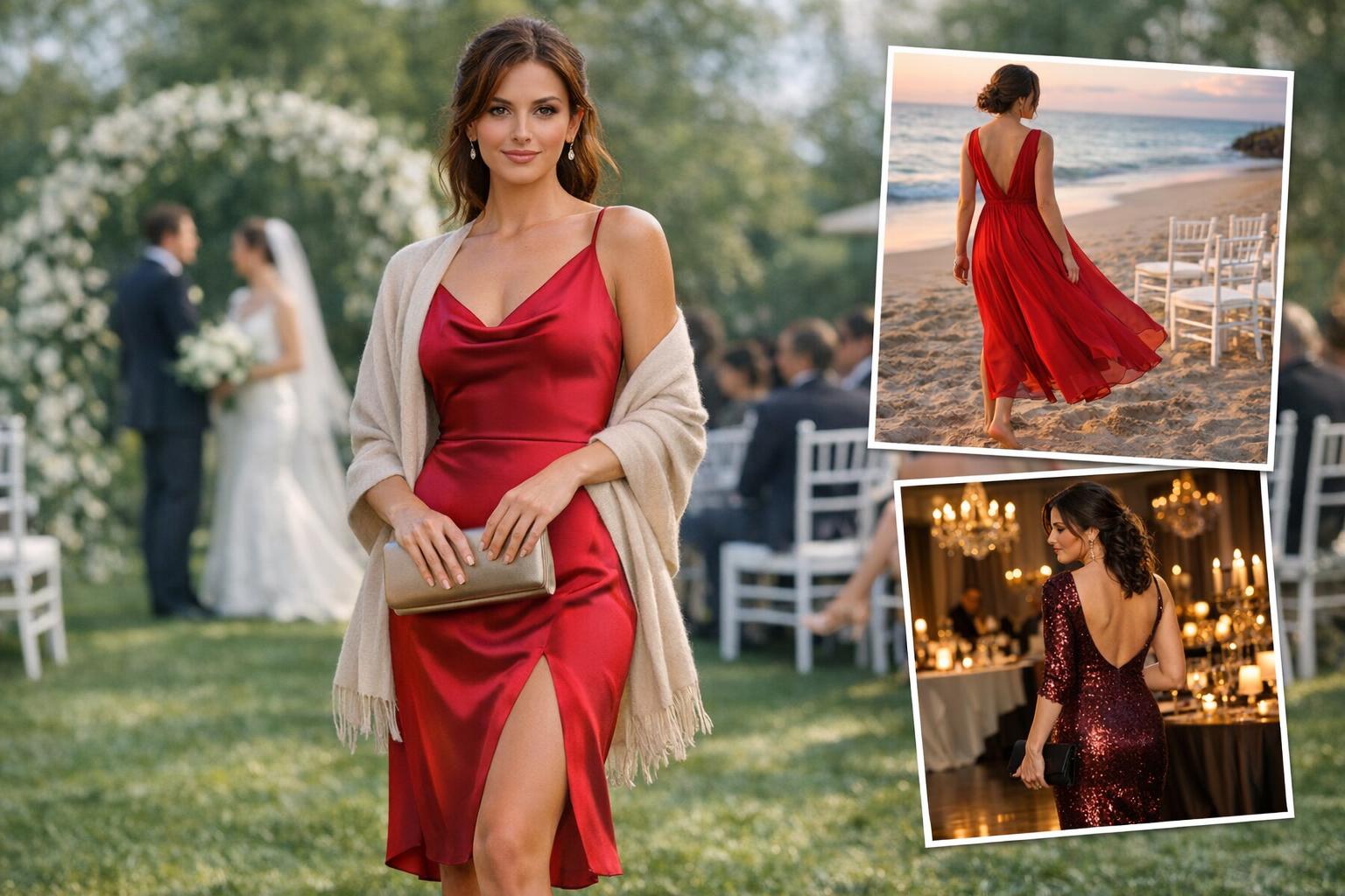 Elegant red wedding guest dress in satin with a flattering midi silhouette, styled for a formal ceremony and reception