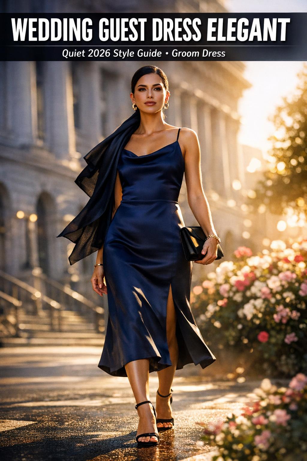 Elegant wedding guest dress at a formal celebration, timeless style for an evening reception