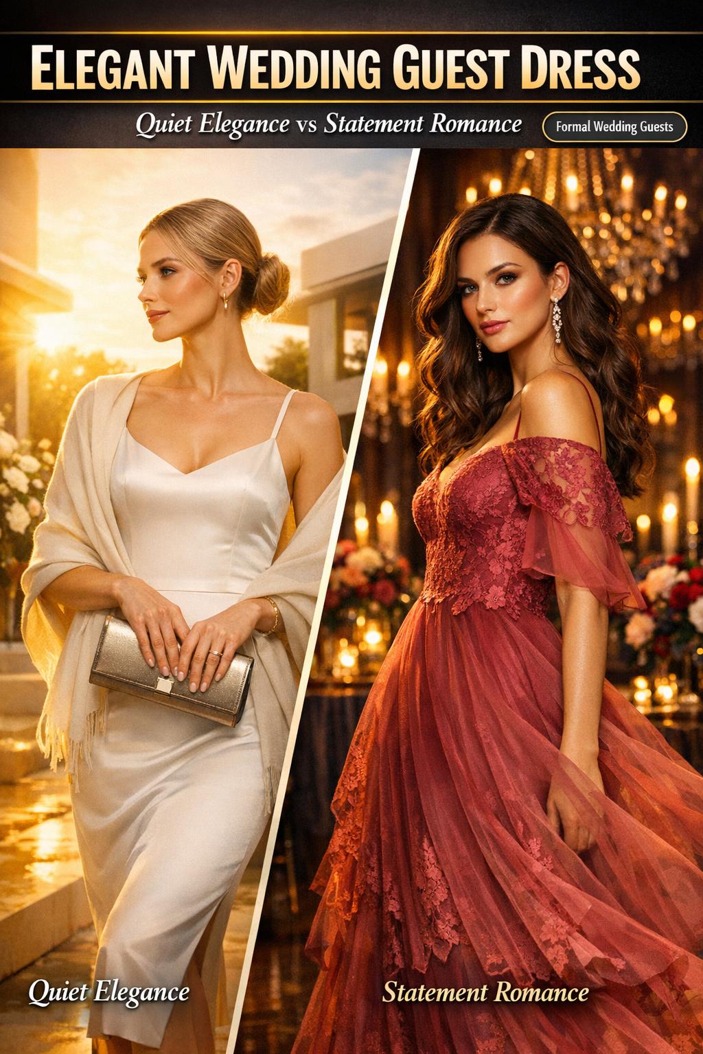 Elegant wedding guest dress in a bright, airy venue, featuring refined details and a flattering silhouette