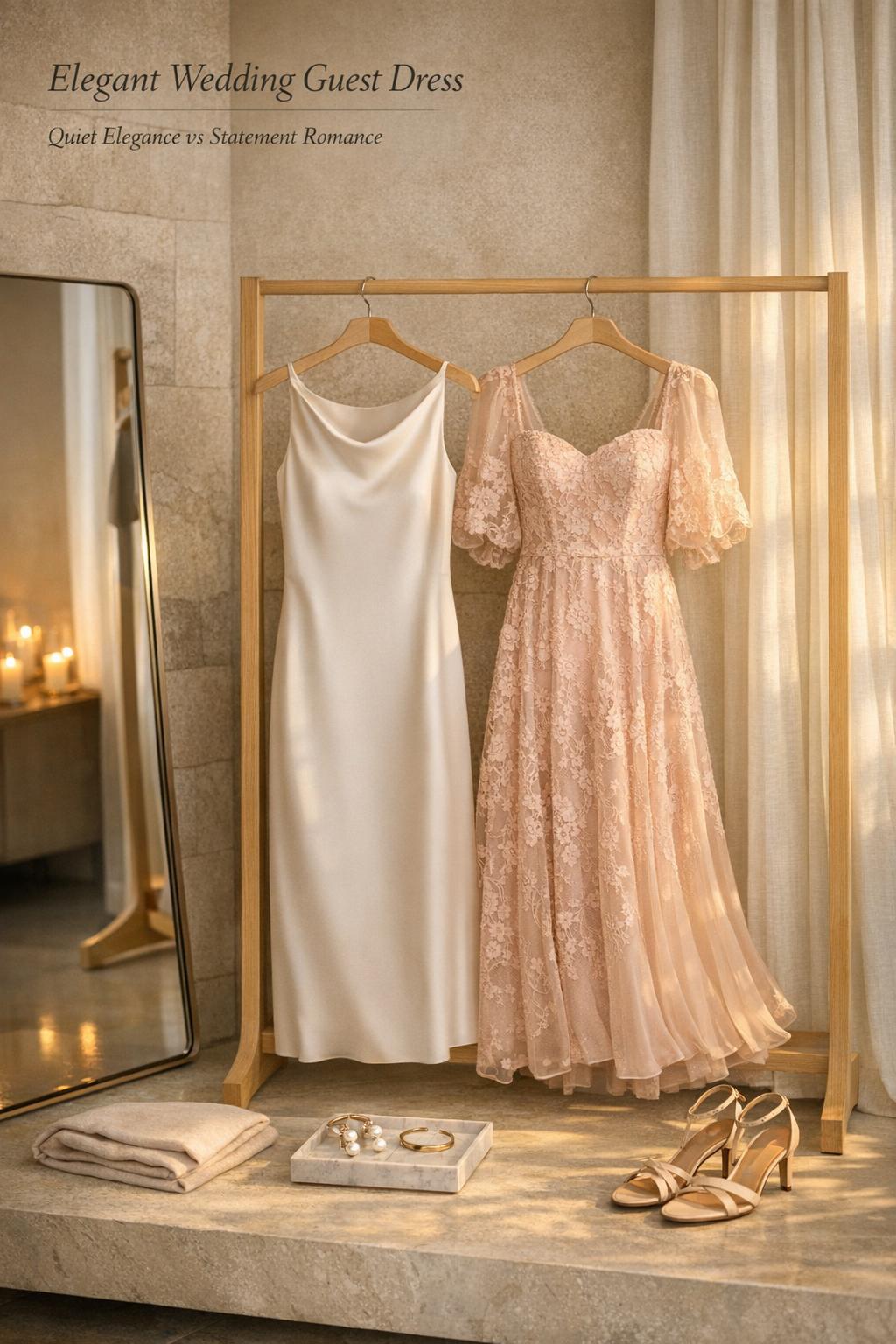 Elegant wedding guest dress styling in luxury suite with champagne minimal dress and blush romantic lace look on rack