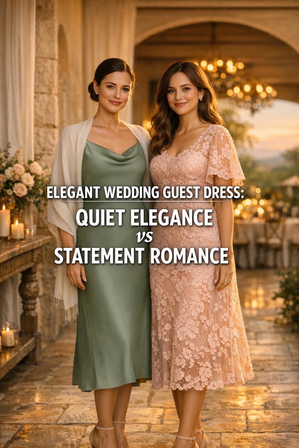 Elegant wedding guest dress style contrast with two women in golden-hour corridor, quiet elegance vs statement romance looks