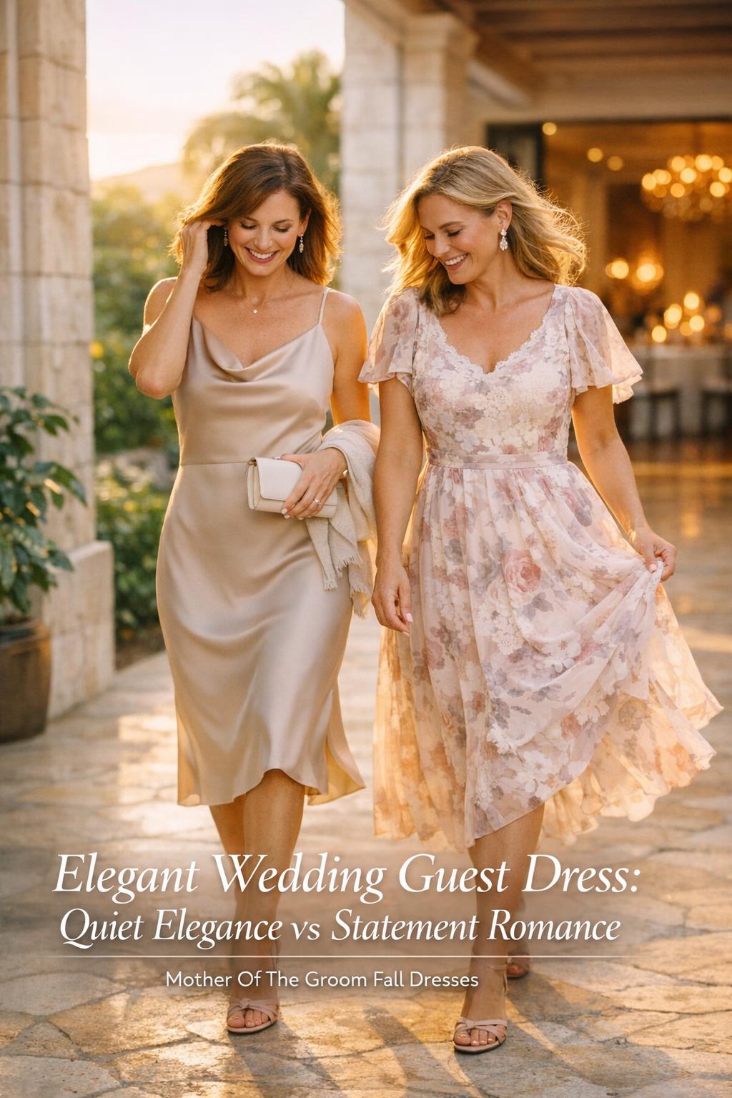 Elegant wedding guest dress styling guide with two women in resort corridor at golden hour, quiet elegance vs statement romance.