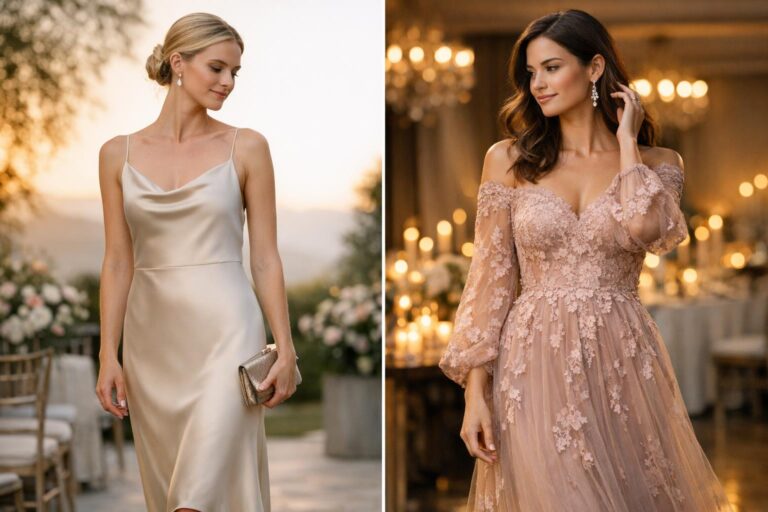 Elegant wedding guest dress in satin midi style with minimalist silhouette, photographed in soft natural light