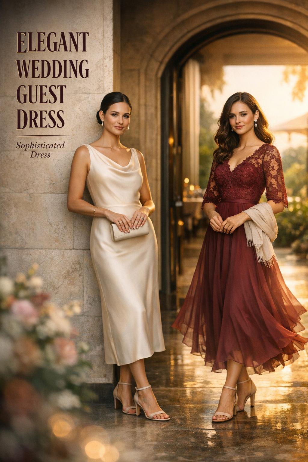 Elegant wedding guest dress styling guide with two women in a luxury resort corridor at golden hour