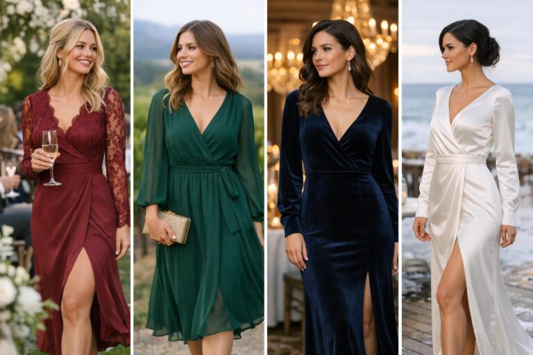Long sleeve wedding guest dress in emerald velvet with a flowing maxi silhouette for a formal winter wedding