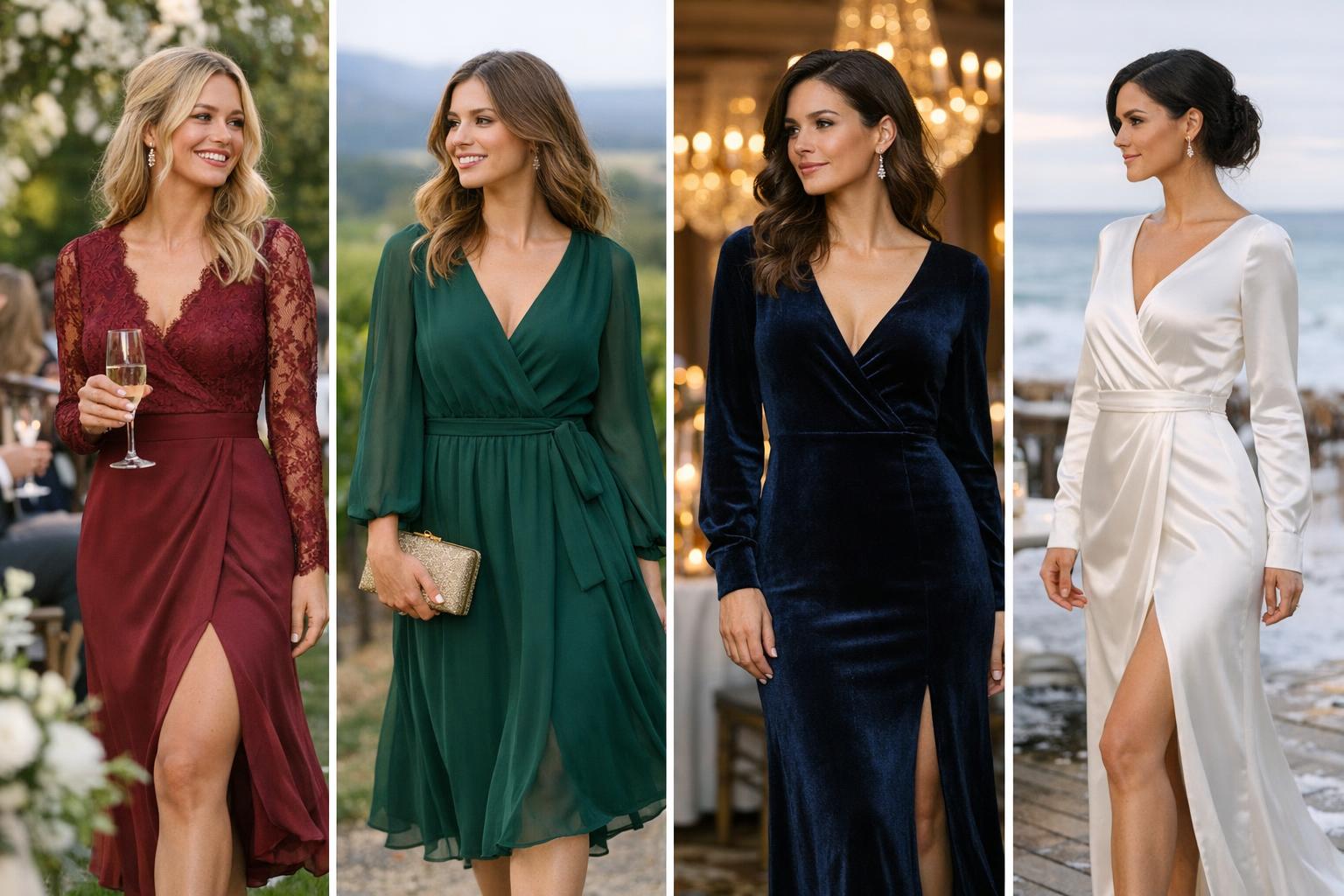 Long sleeve wedding guest dress in emerald velvet with a flowing maxi silhouette for a formal winter wedding