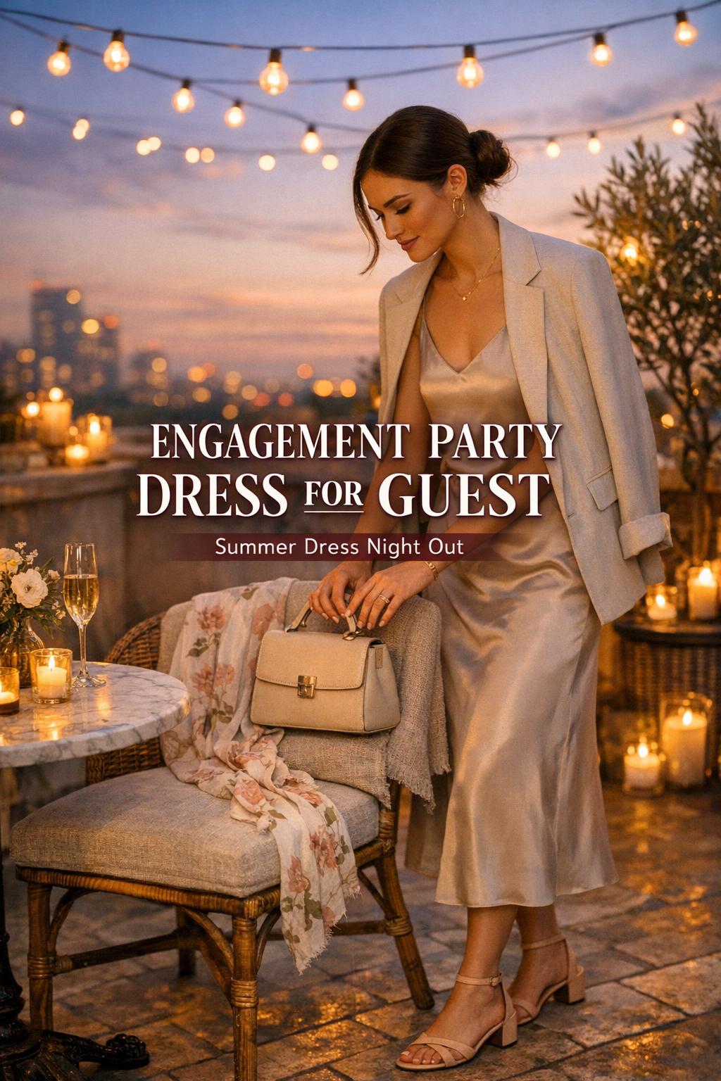 Engagement party dress for guest: woman in satin slip dress on candlelit rooftop terrace at golden hour