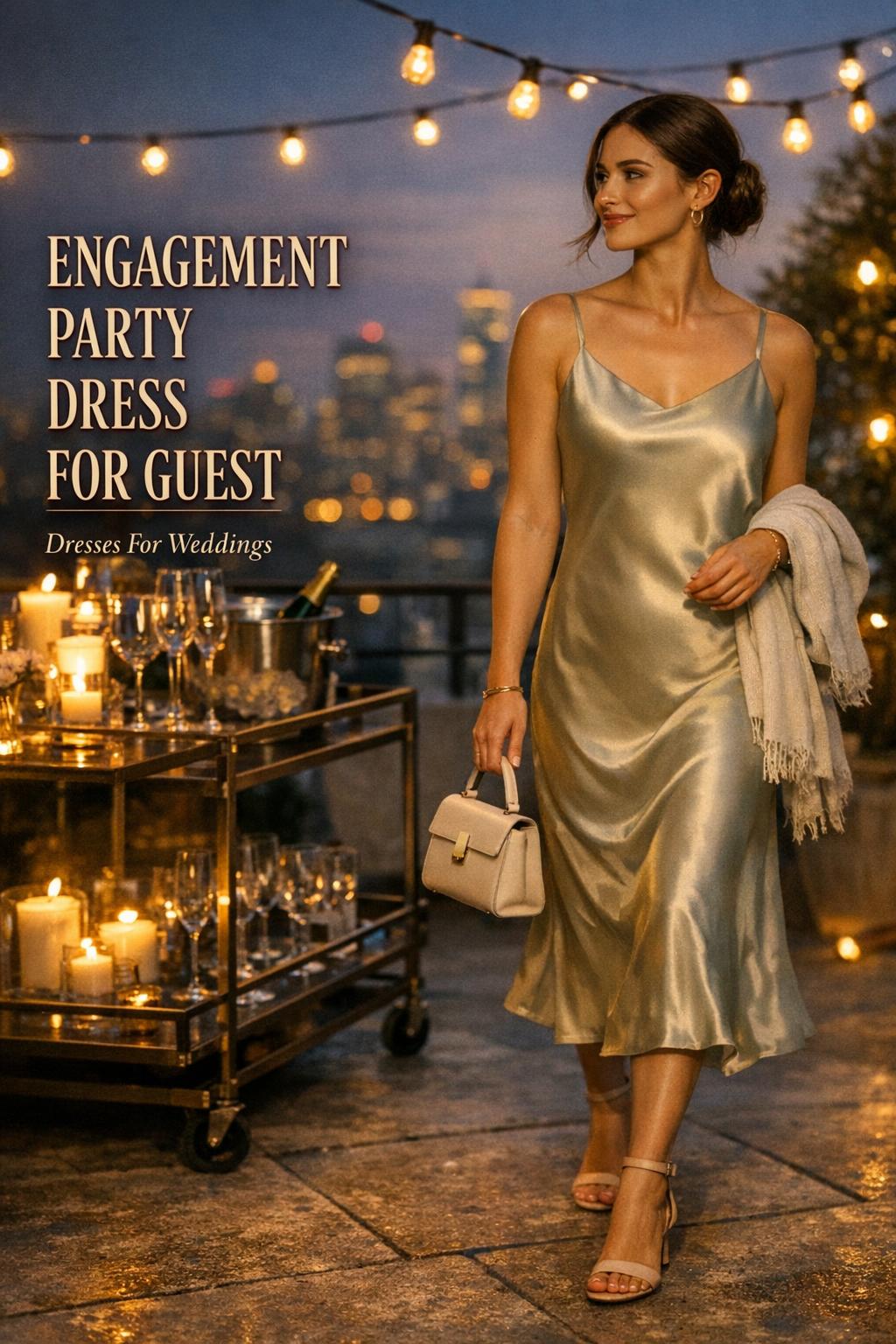 Engagement party dress for guest in champagne satin slip dress at candlelit rooftop party with city skyline and text overlay