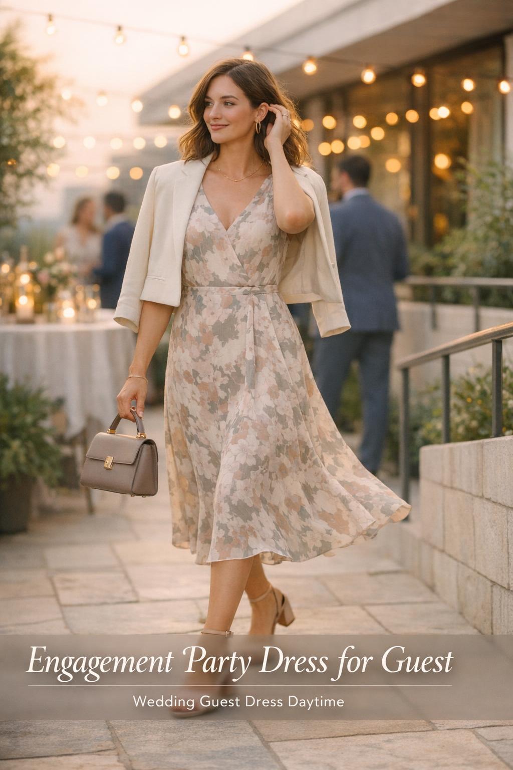 Stylish woman arriving at rooftop garden engagement party wearing an engagement party dress for guest with warm golden-hour glow