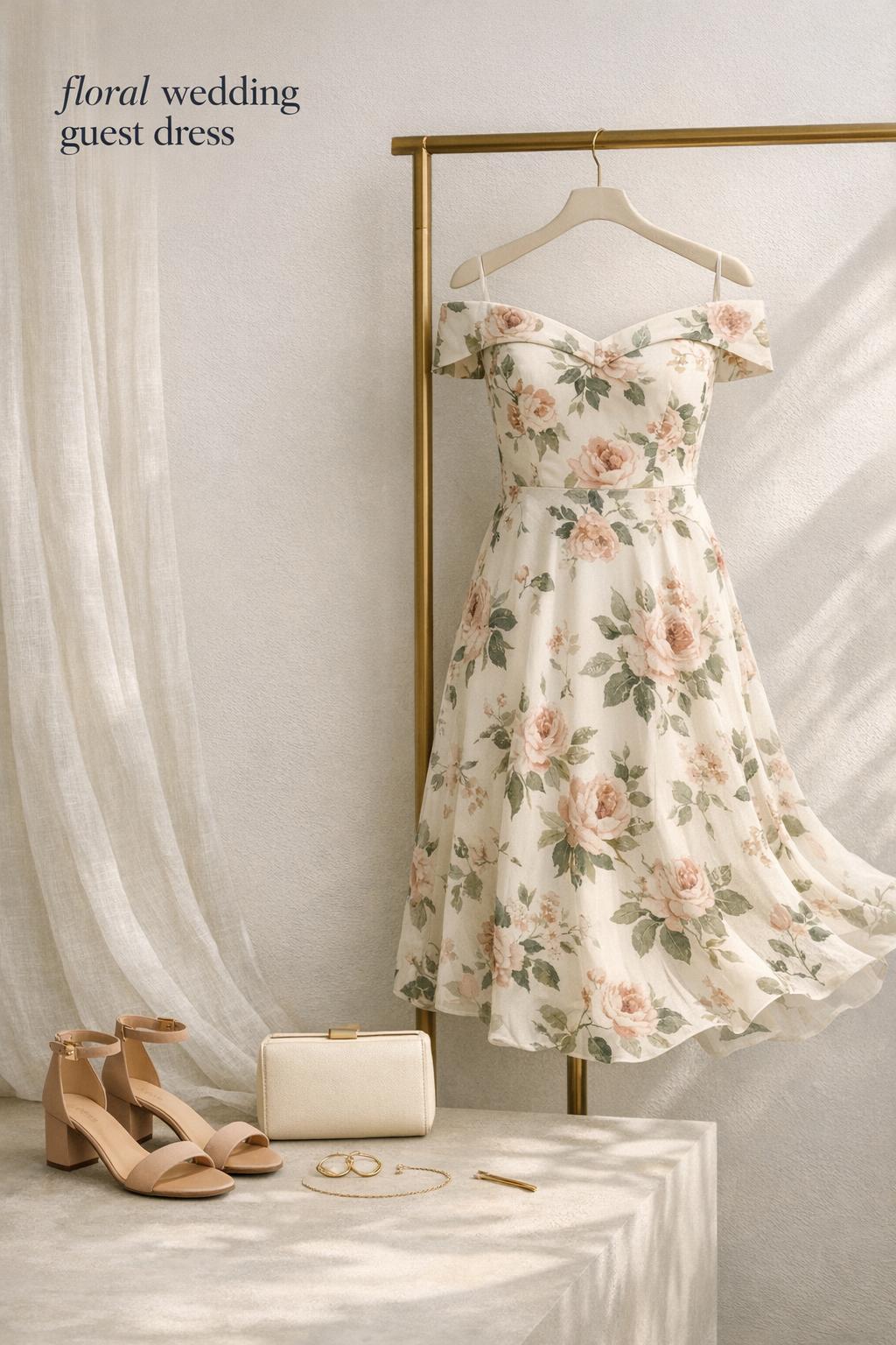 Floral wedding guest dress styled with nude block-heel sandals, ivory clutch, and gold jewelry in bright neutral light.