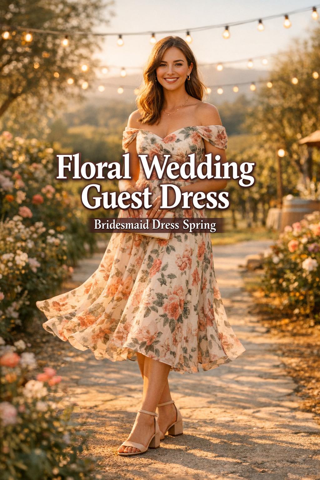 Floral wedding guest dress in warm golden-hour garden pathway scene, chic guest holding clutch in vineyard setting