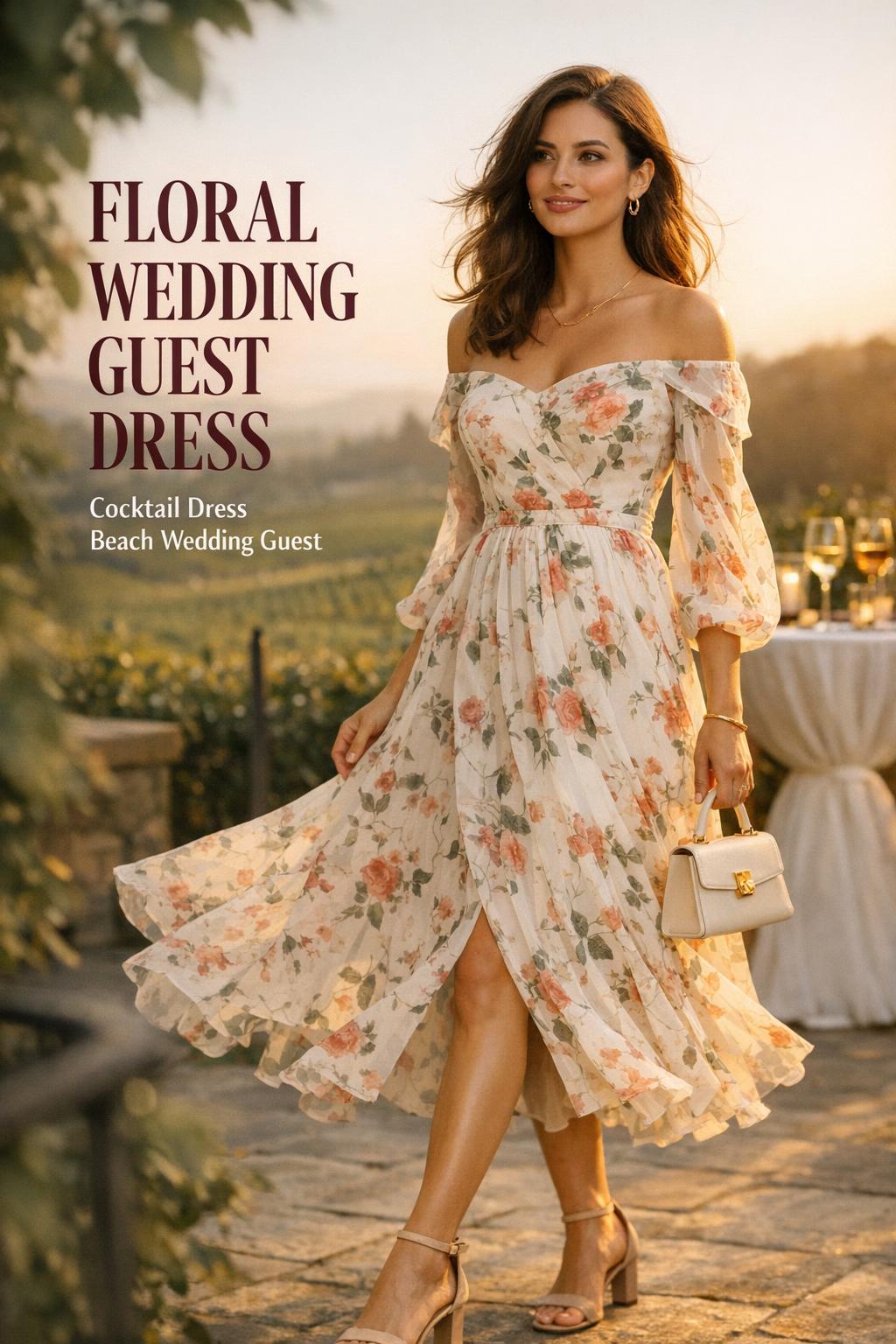 Confident woman in a floral wedding guest dress walking on a vineyard terrace at golden hour with elegant accessories