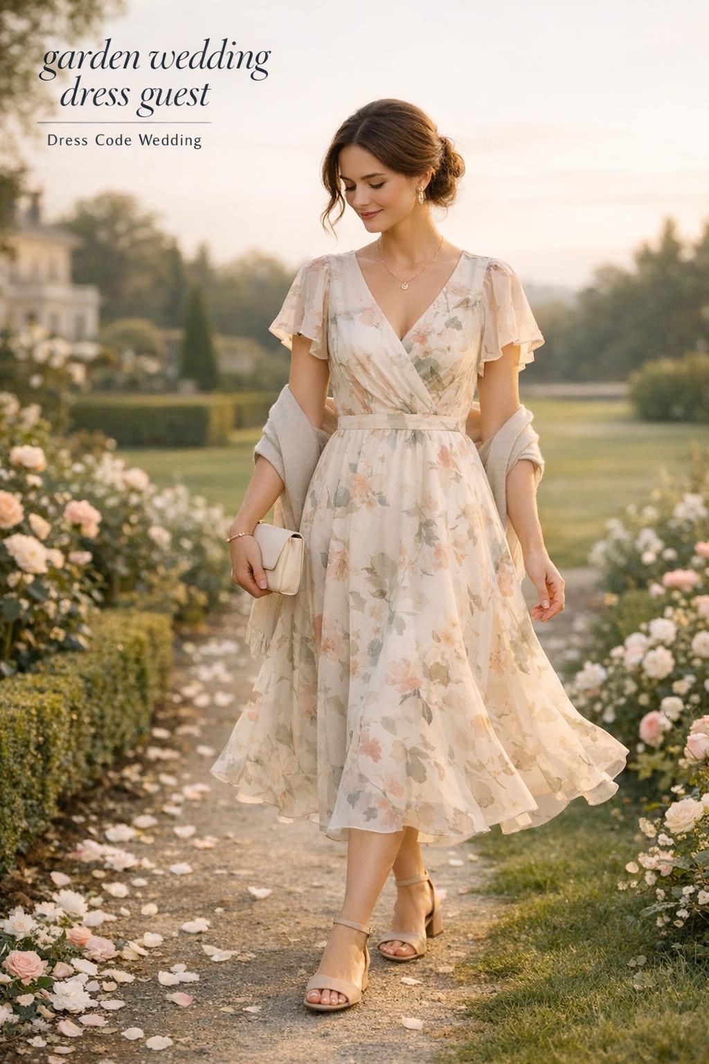 Garden wedding dress guest walking along an elegant botanical garden path at golden hour