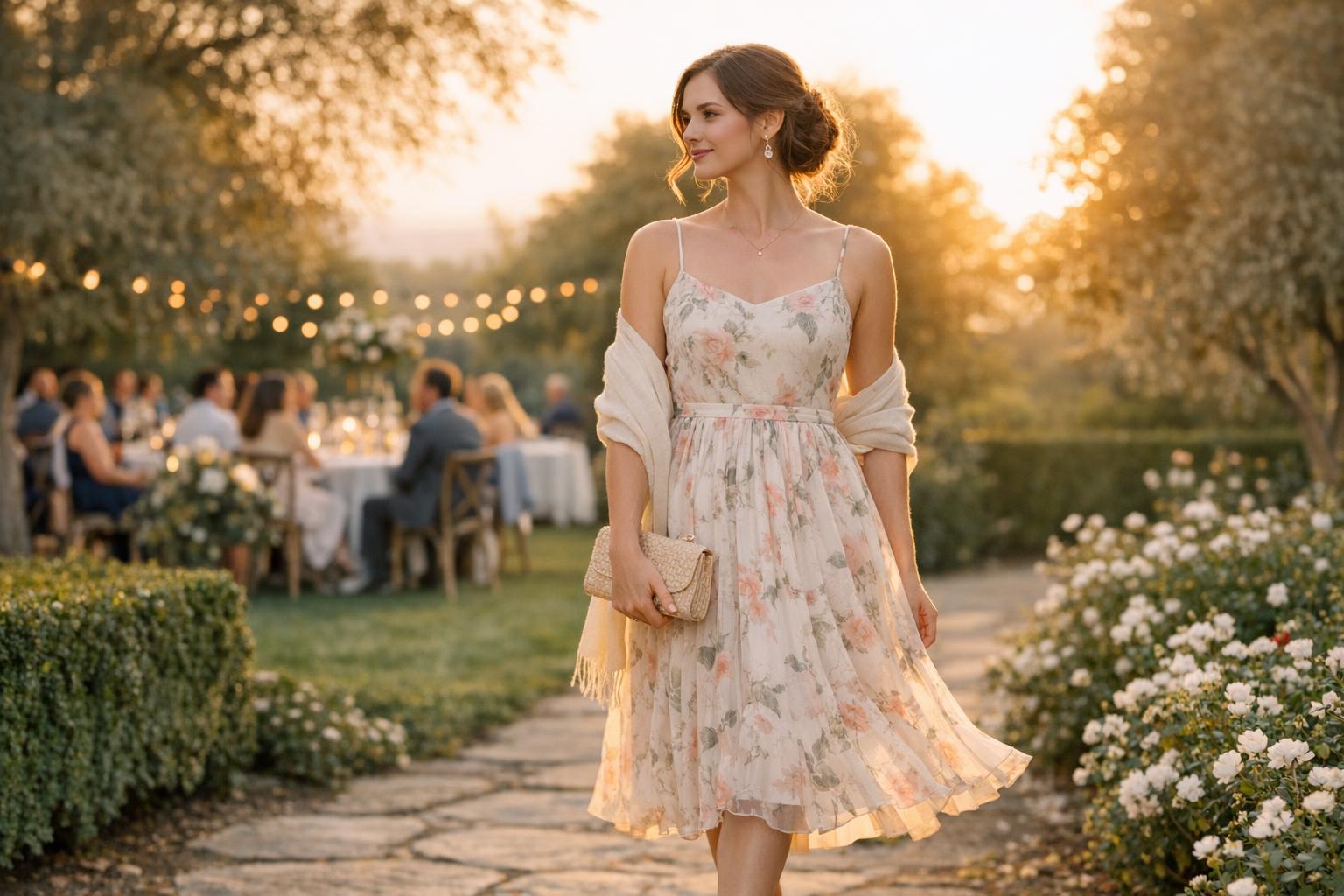 Garden wedding dress guest in a floral chiffon midi dress walking through a sunlit garden ceremony