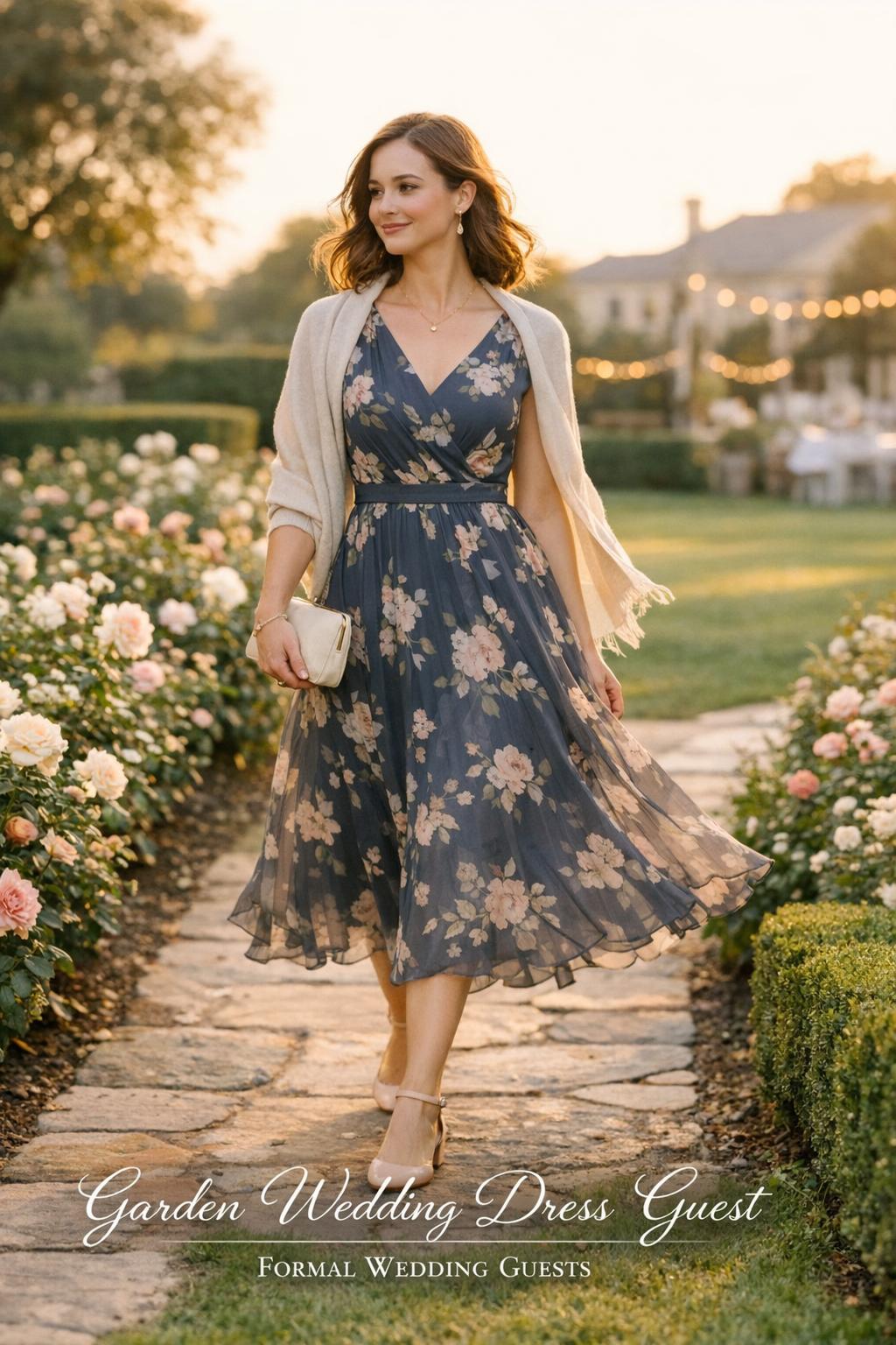 Stylish woman in a garden wedding dress guest outfit walking along a flower-lined path at golden hour
