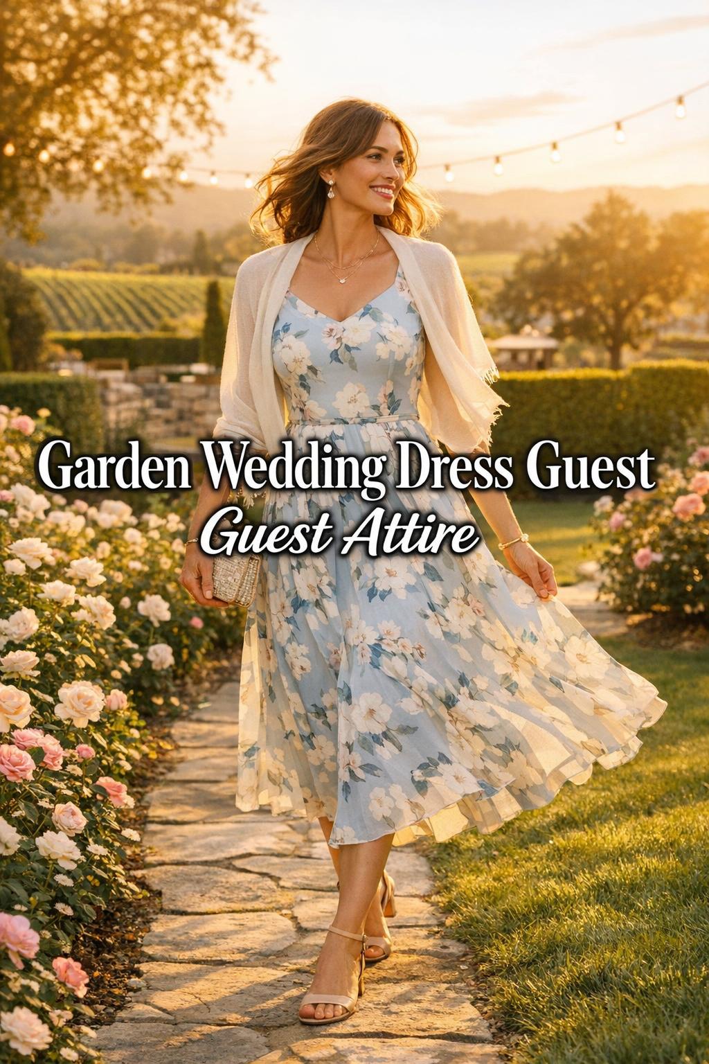 Garden wedding dress guest outfit in a golden hour garden with floral midi dress and elegant accessories