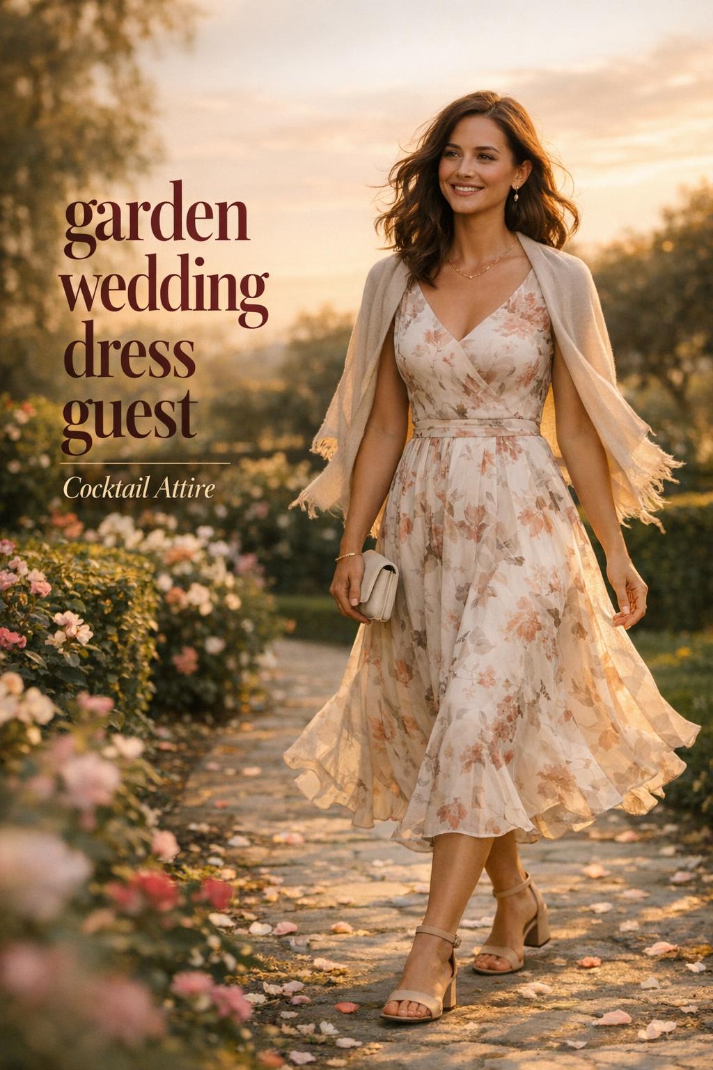 Garden wedding dress guest walking on a sunset garden path in a floral midi dress at a botanical estate