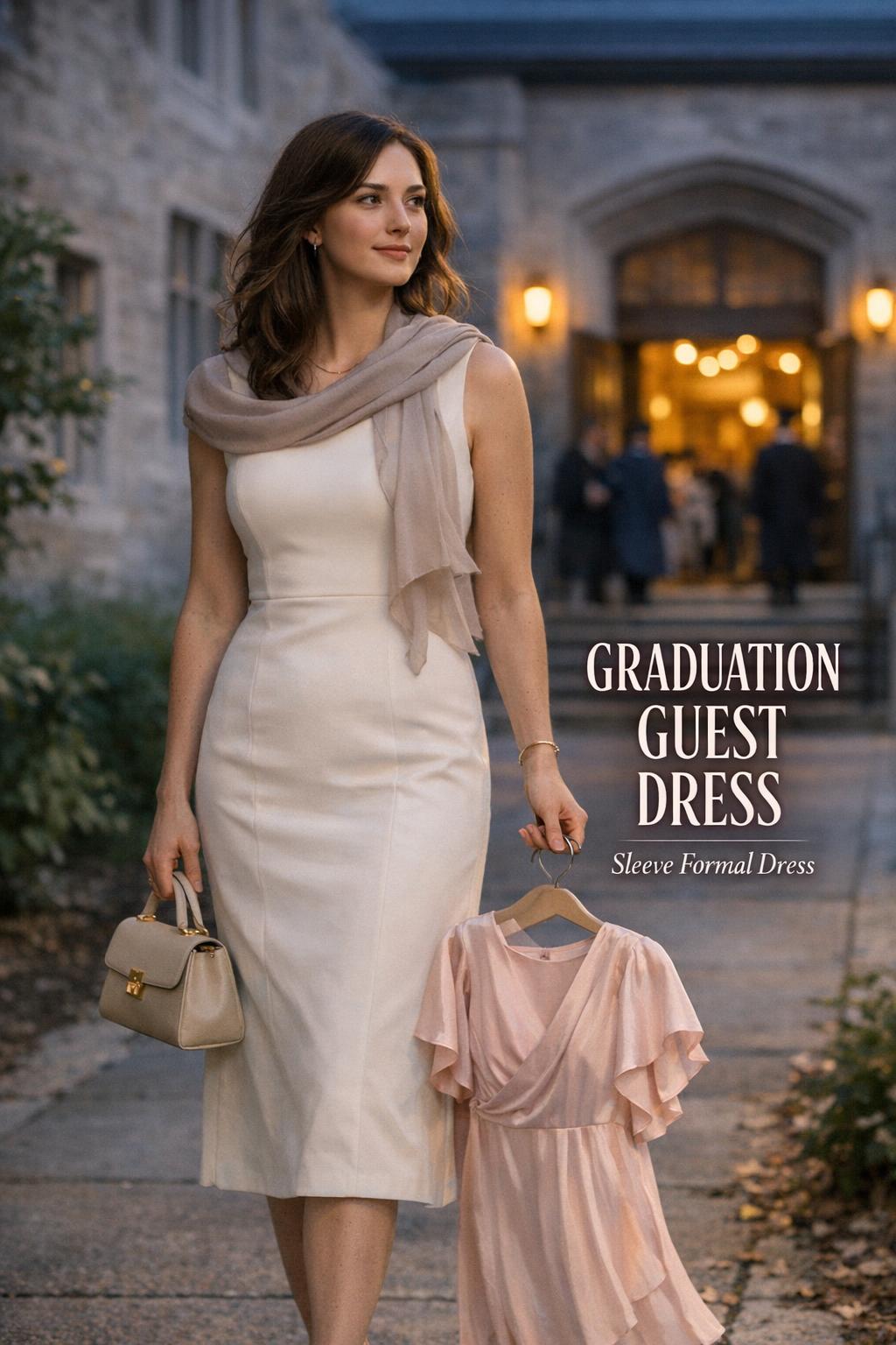 Stylish woman in a graduation guest dress on a university campus at dusk with auditorium lights glowing in the background