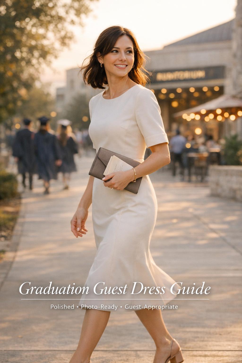 Stylish woman walking campus at golden hour wearing a graduation guest dress with sleeves, holding clutch and program