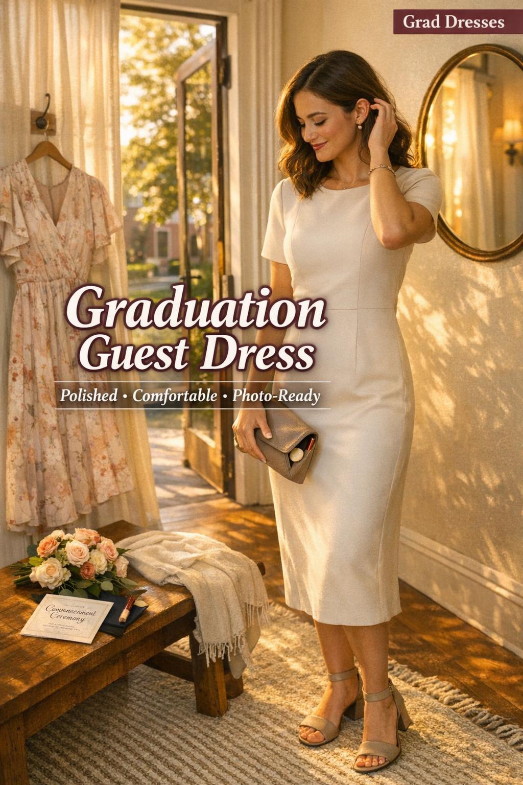 Graduation guest dress idea in a cozy entryway, stylish woman adjusting a tailored midi dress in golden-hour light