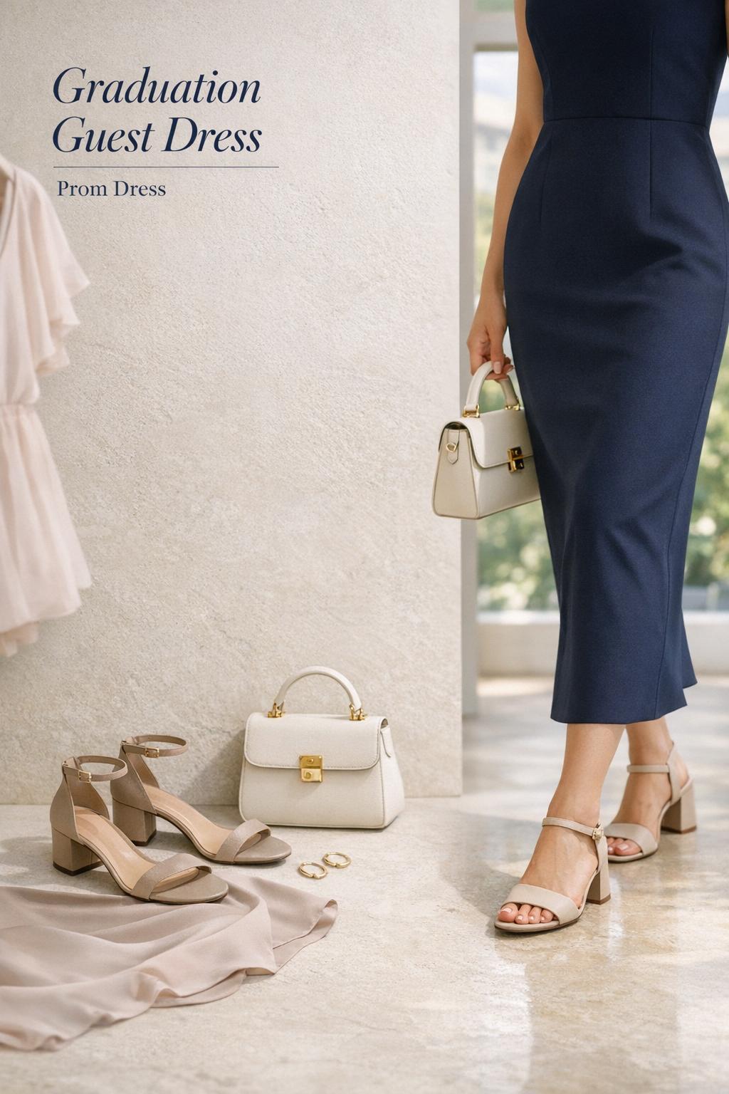 Graduation guest dress editorial flat lay with tailored midi sheath dress, block heels, mini bag and pastel option