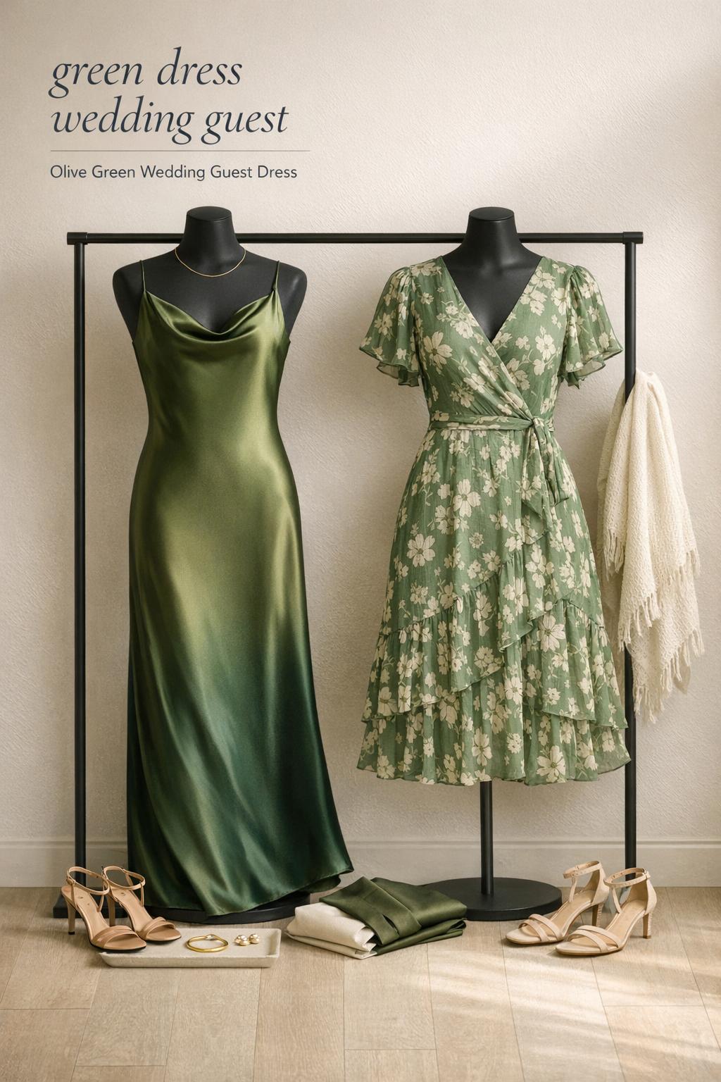 Green dress wedding guest outfits on mannequins: olive satin slip dress and green floral midi in minimalist dressing area