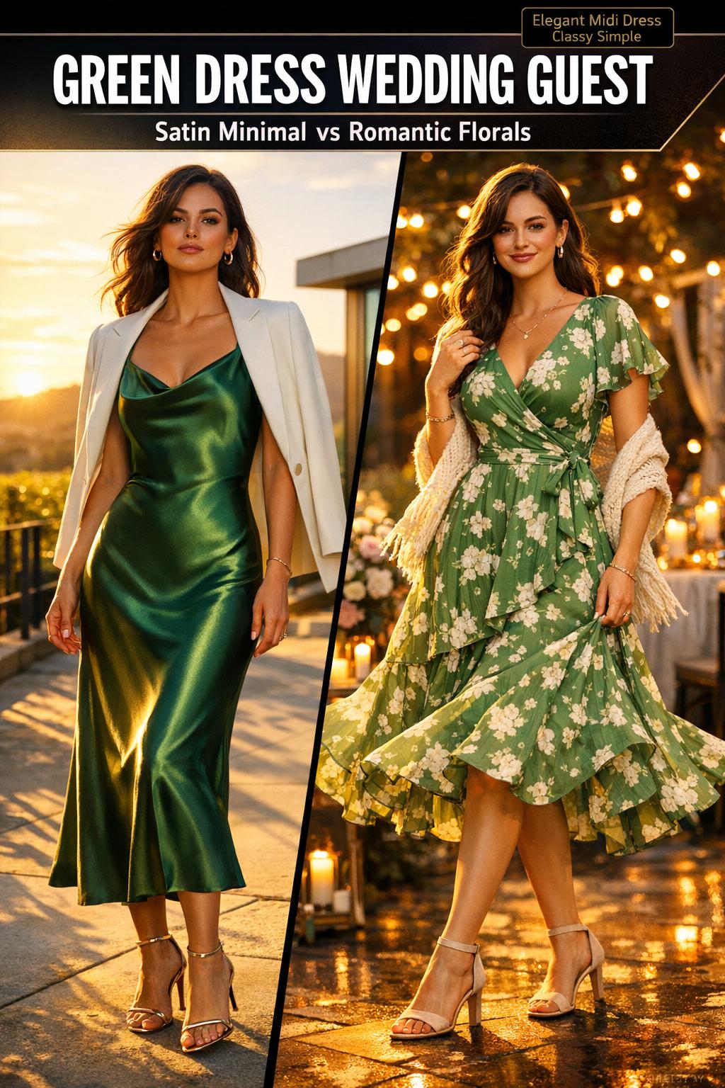 Wedding guest wearing a green dress at an outdoor ceremony, elegant and stylish