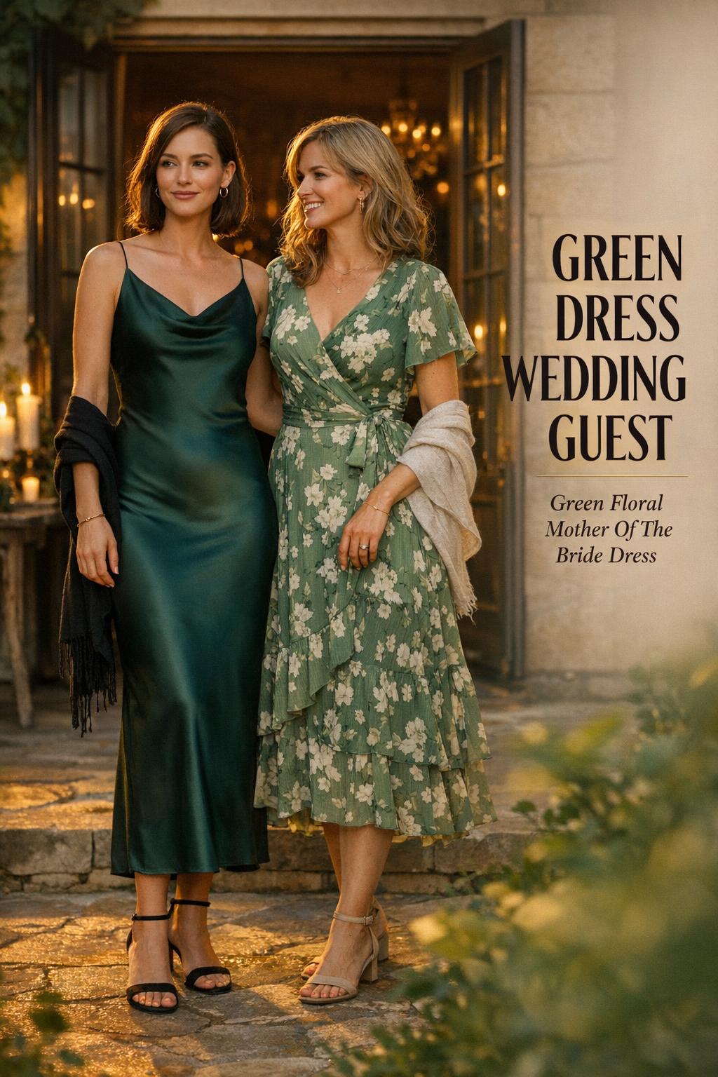 Green dress wedding guest style with satin slip and green floral midi dresses at a golden-hour garden to ballroom wedding venue.