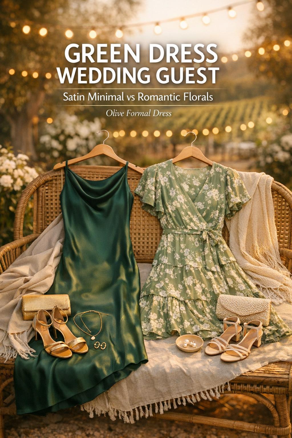 Green dress wedding guest style choice flat lay with satin slip and romantic floral dress, gold accessories in golden-hour garden.