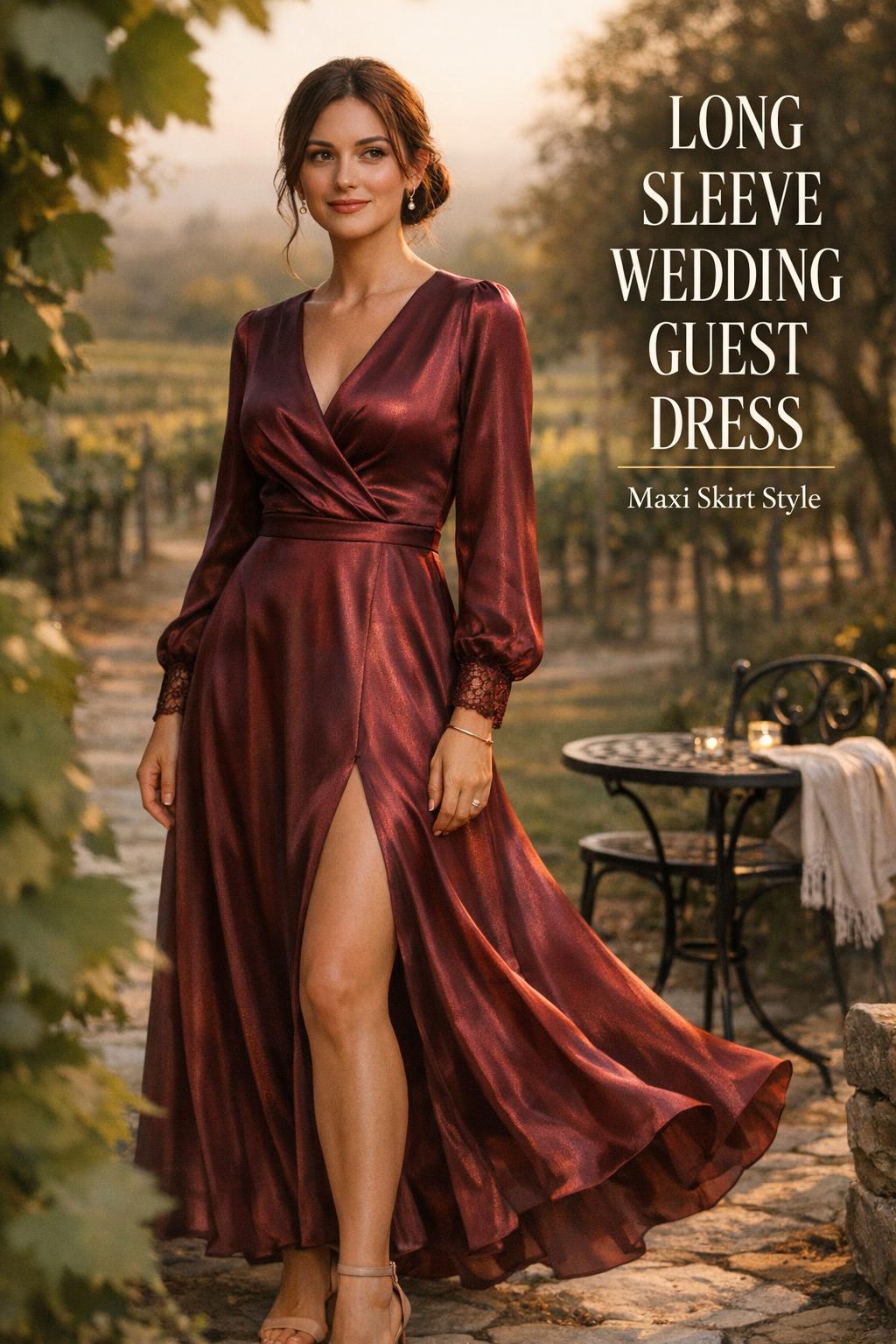 Long sleeve wedding guest dress in deep burgundy satin at a golden-hour vineyard garden wedding
