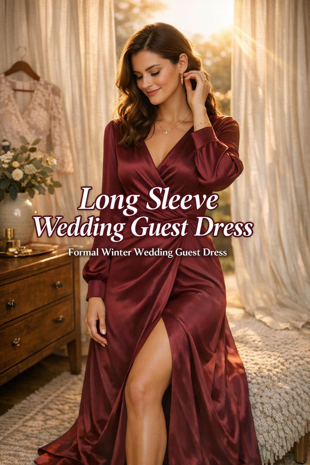 Long sleeve wedding guest dress in burgundy satin wrap maxi, styled in a warm golden-hour room with linen curtains and dresser