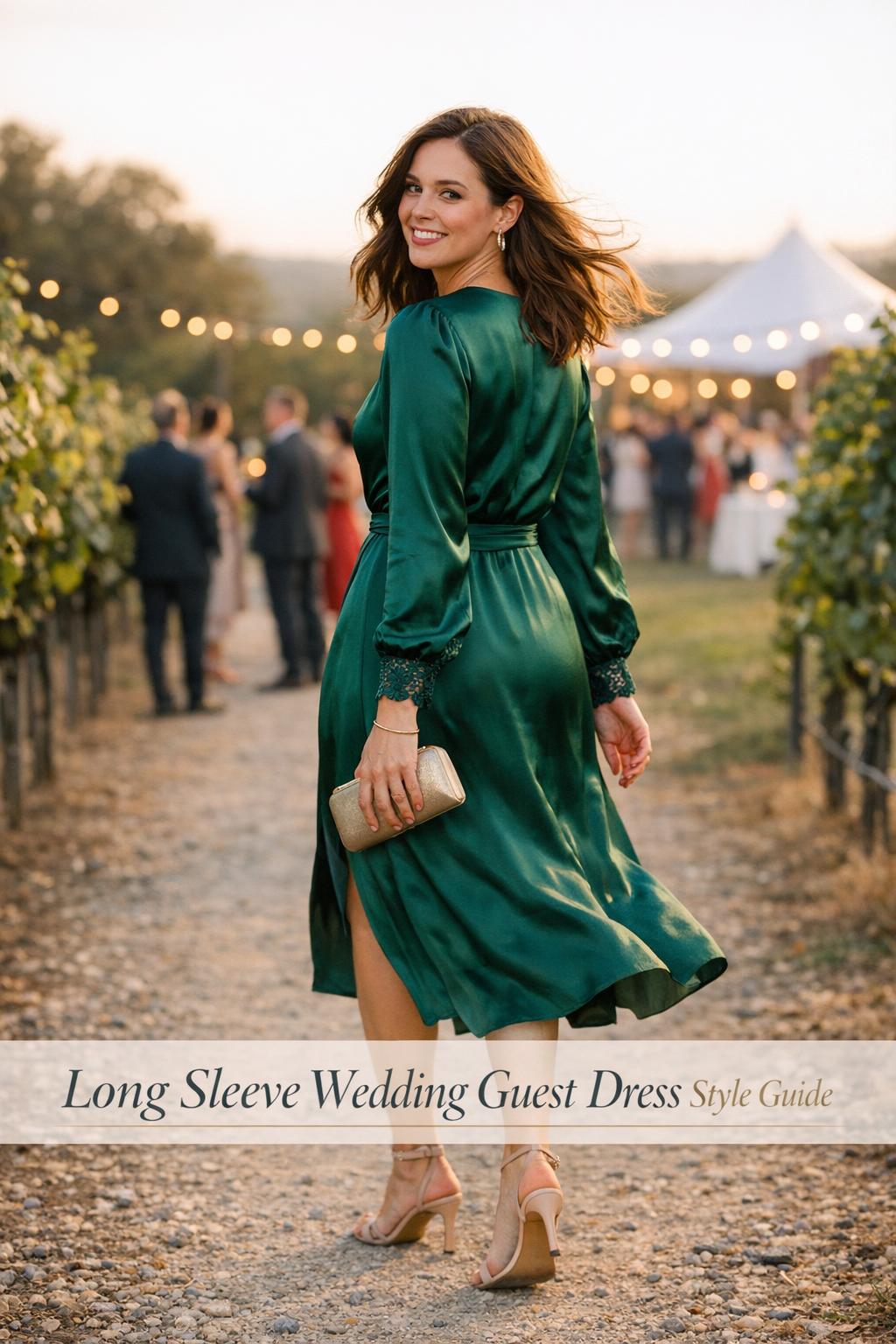 Woman in an emerald long sleeve wedding guest dress walking through a golden-hour vineyard reception path