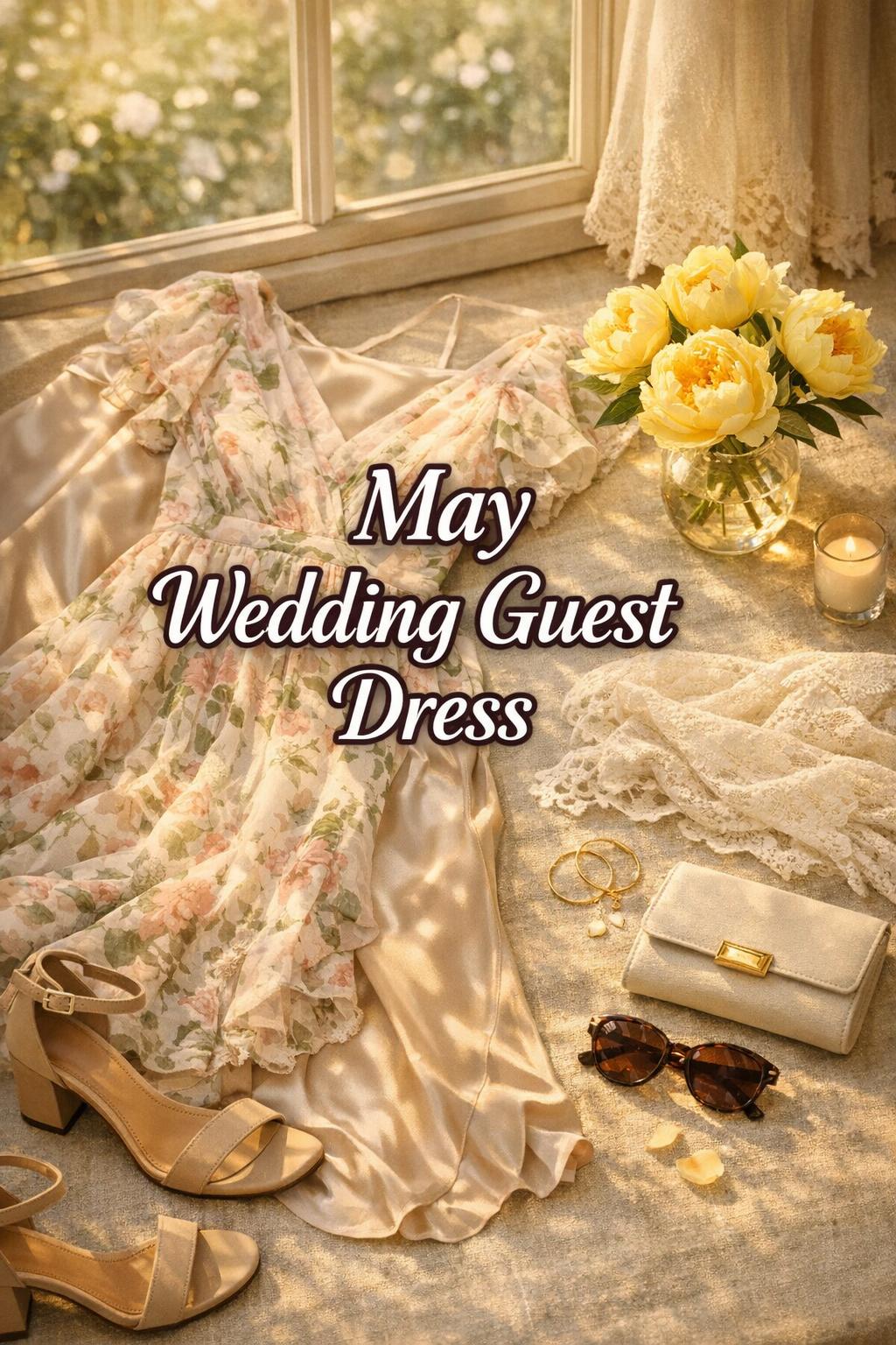 May wedding guest dress flat lay with blush floral midi, satin slip, lace wrap, block heels, clutch, gold jewelry, and yellow peonies