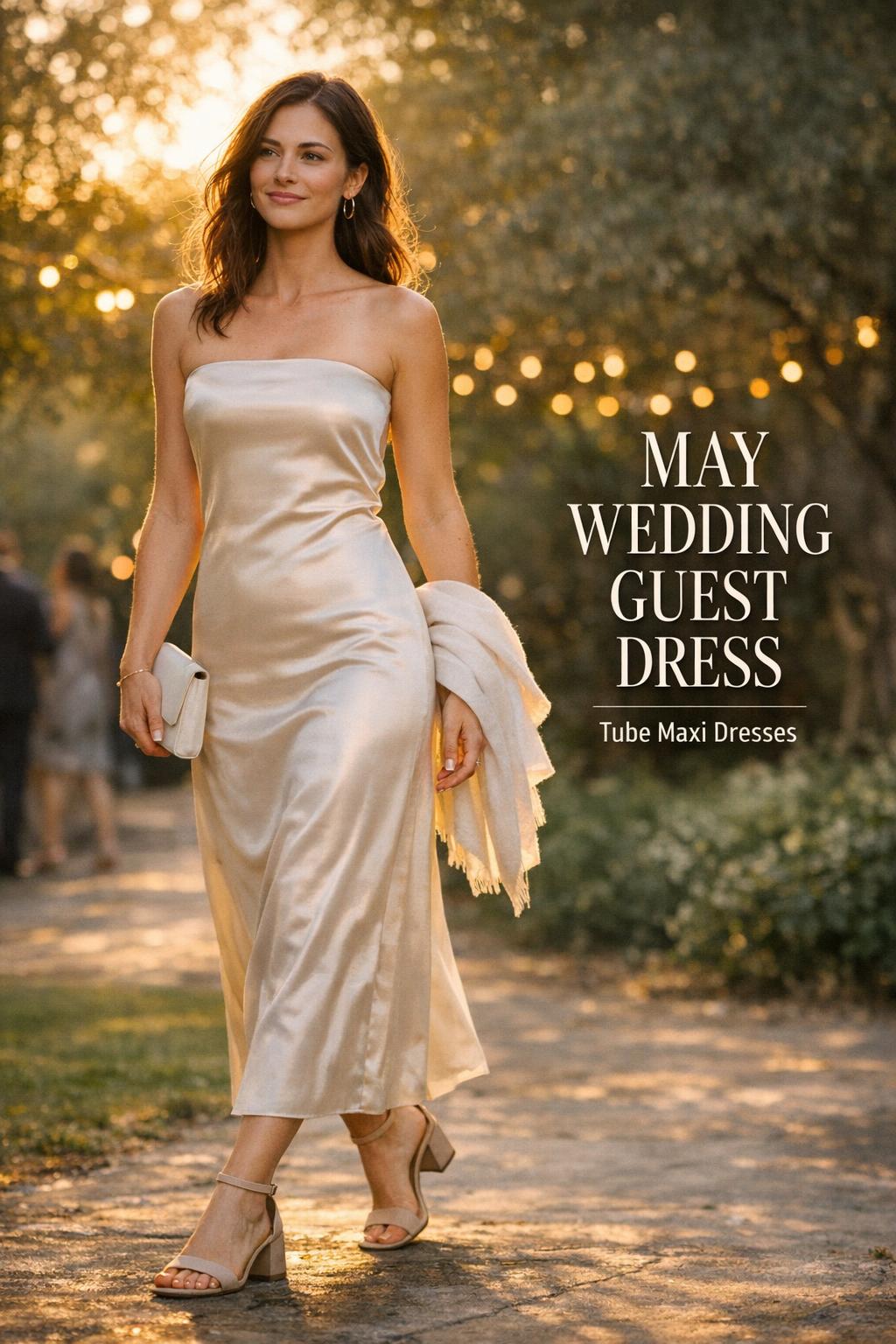 May wedding guest dress in a golden-hour garden ceremony, pastel floral midi with wrap and block heels, candid walk